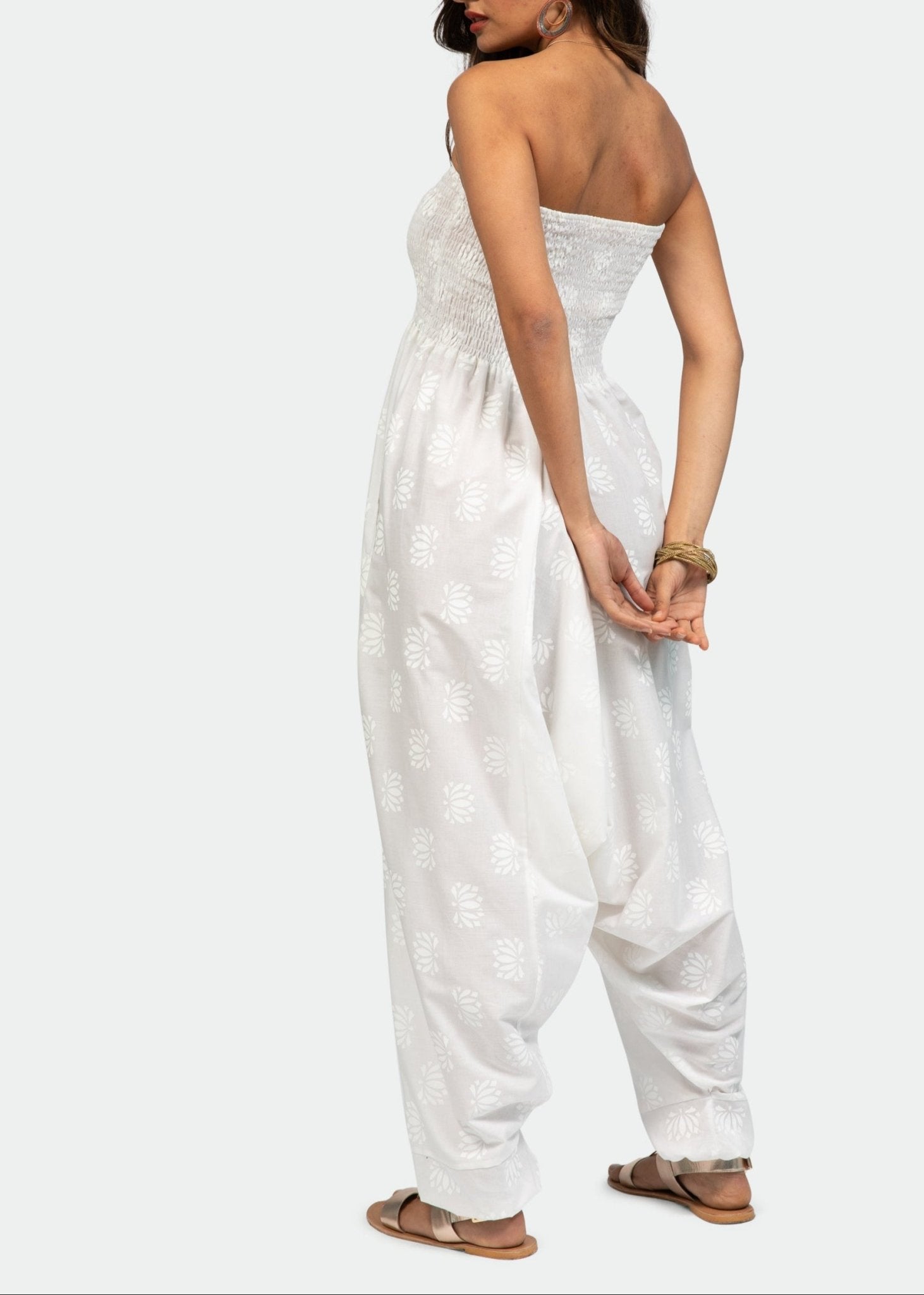 2 in 1 Convertible Cotton Jumpsuit & Harem pants in White Lotus Motif - likemary