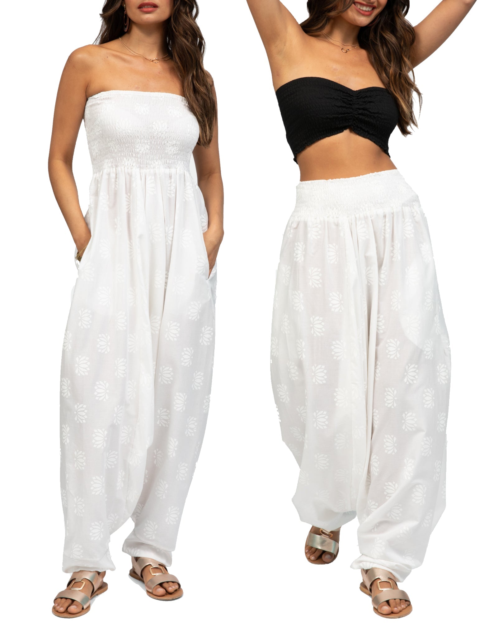 2 in 1 Convertible Cotton Jumpsuit & Harem pants in White Lotus Motif - likemary