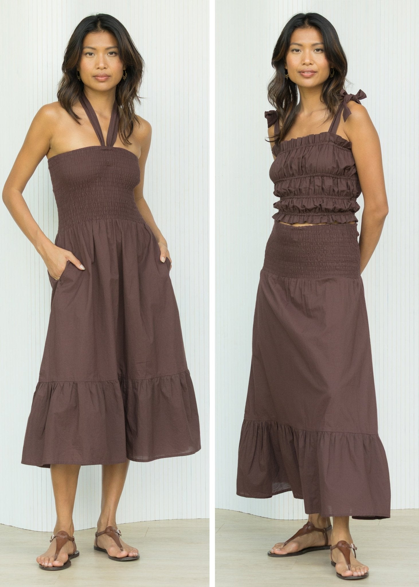 2 - in - 1 Cotton Midi Dress & Maxi Skirt in Brown - likemary
