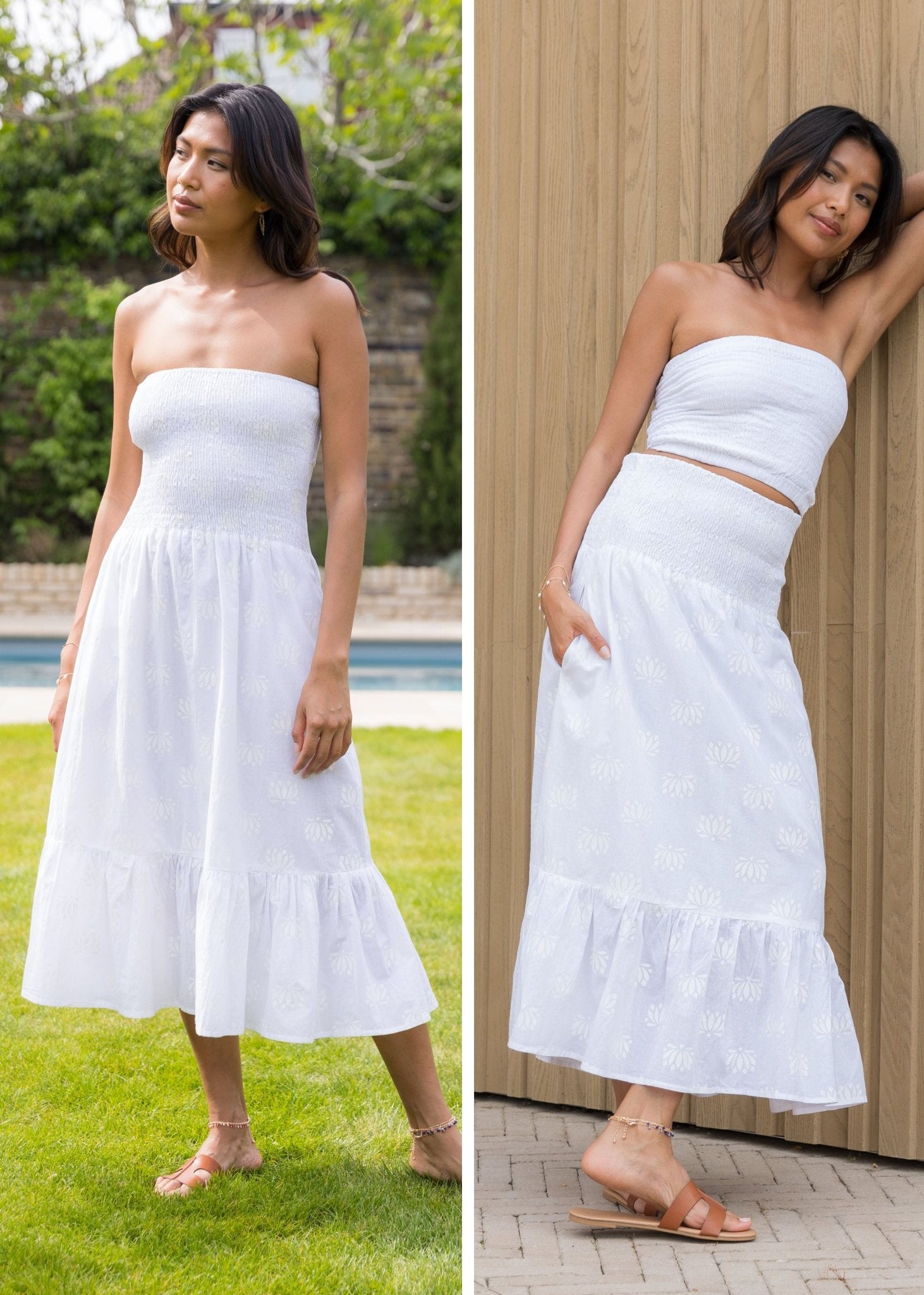 2 - in - 1 Cotton Midi Dress & Maxi Skirt in White Lotus - likemary
