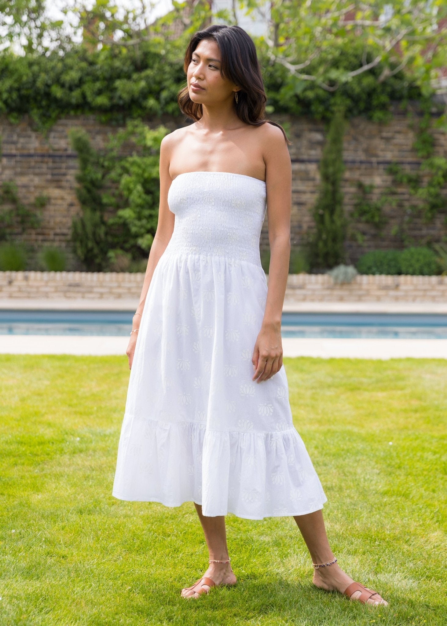 2 - in - 1 Cotton Midi Dress & Maxi Skirt in White Lotus - likemary