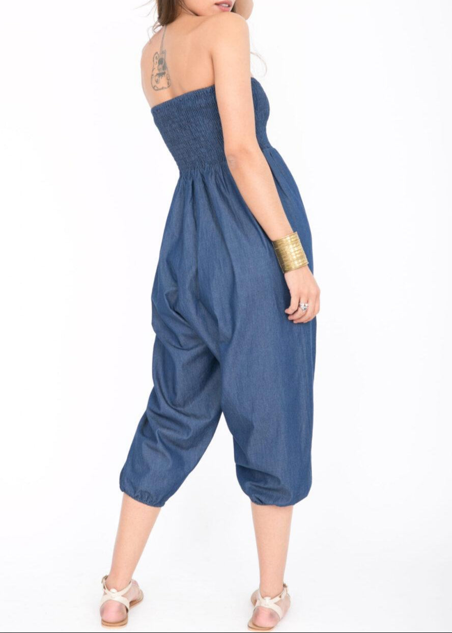 2 in 1 Harem Trouser Jumpsuit in Denim - likemary