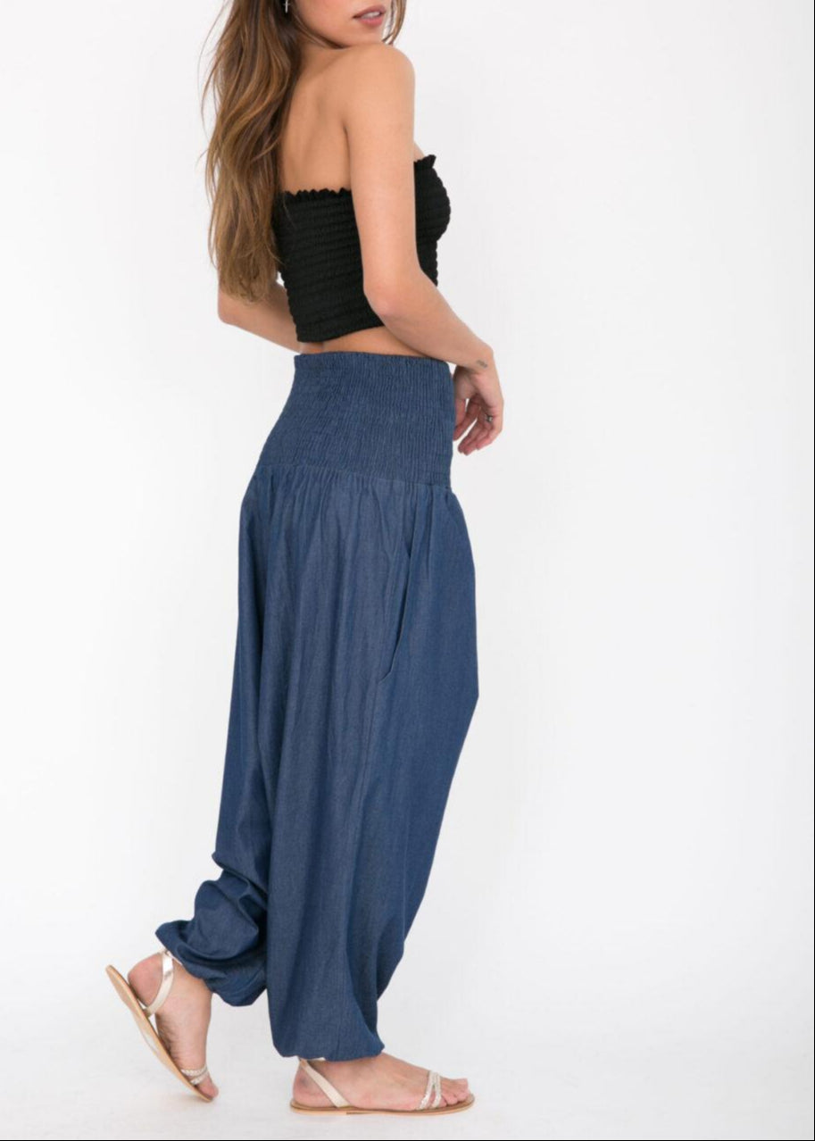 2 in 1 Harem Trouser Jumpsuit in Denim - likemary