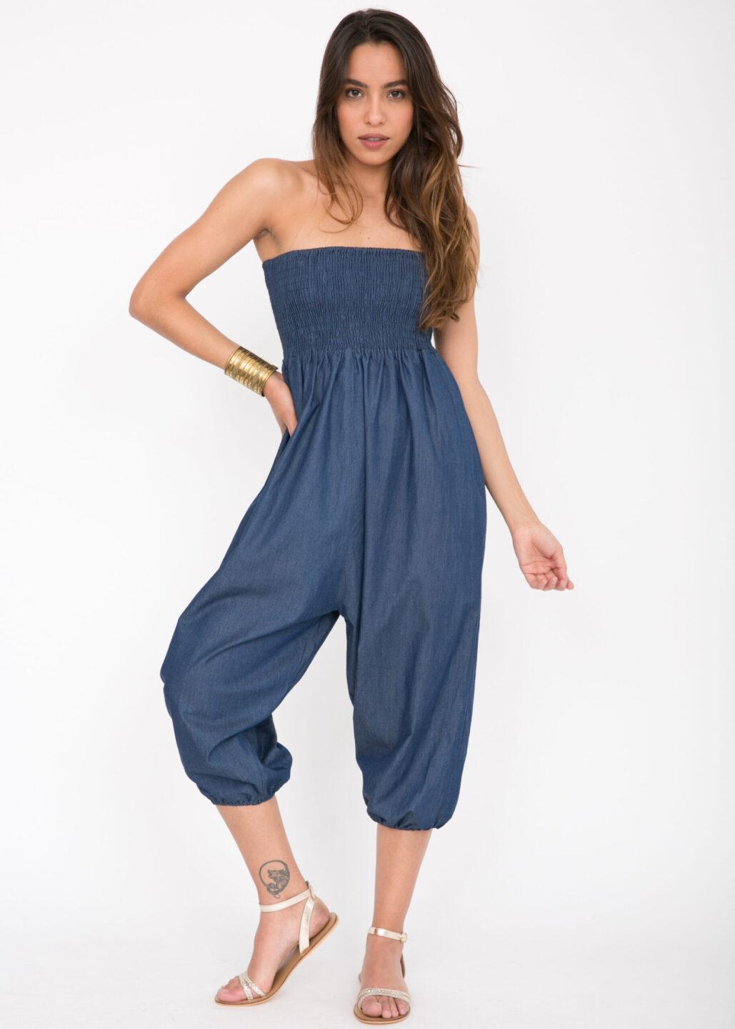 2 in 1 Harem Trouser Jumpsuit in Denim - likemary