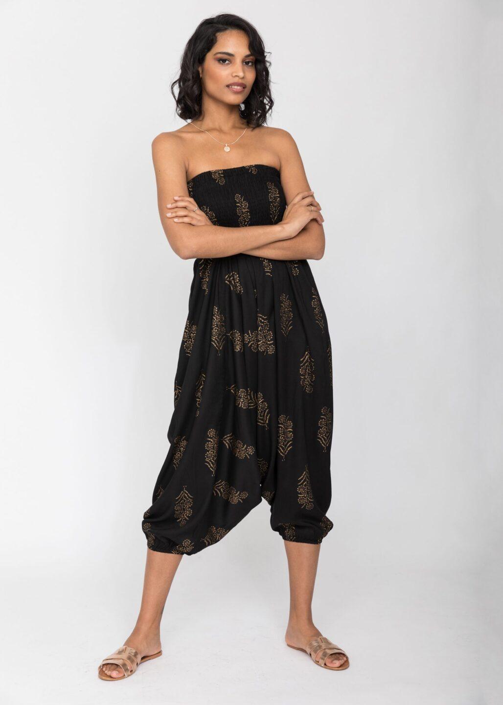 2 in 1 Harem Trousers and Bandeau Jumpsuit Black and Gold - likemary