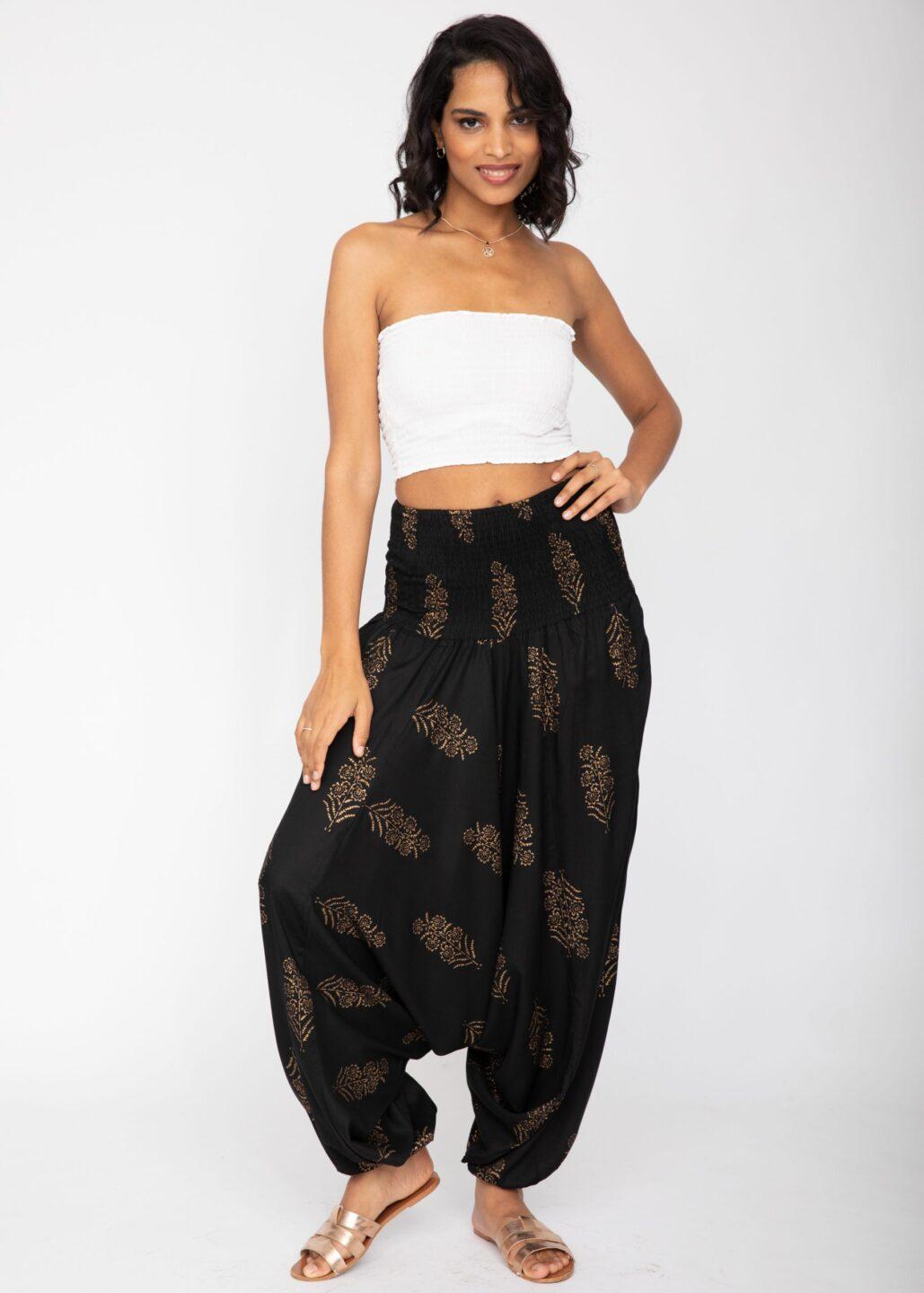 2 in 1 Harem Trousers and Bandeau Jumpsuit Black and Gold - likemary