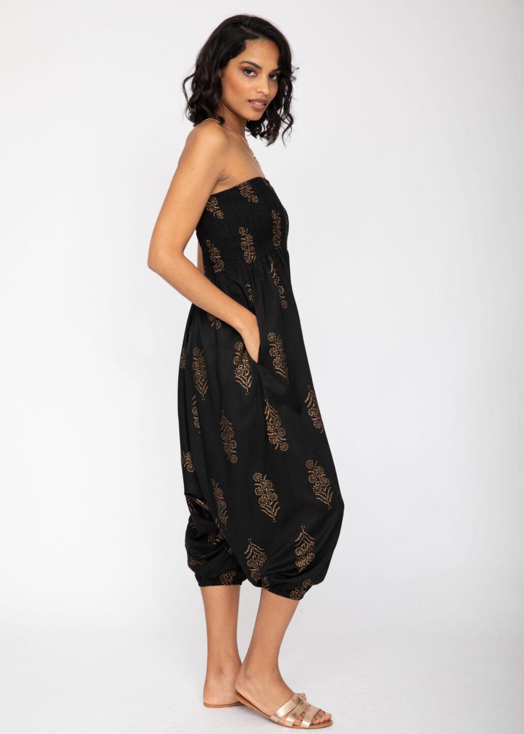 2 in 1 Harem Trousers and Bandeau Jumpsuit Black and Gold - likemary