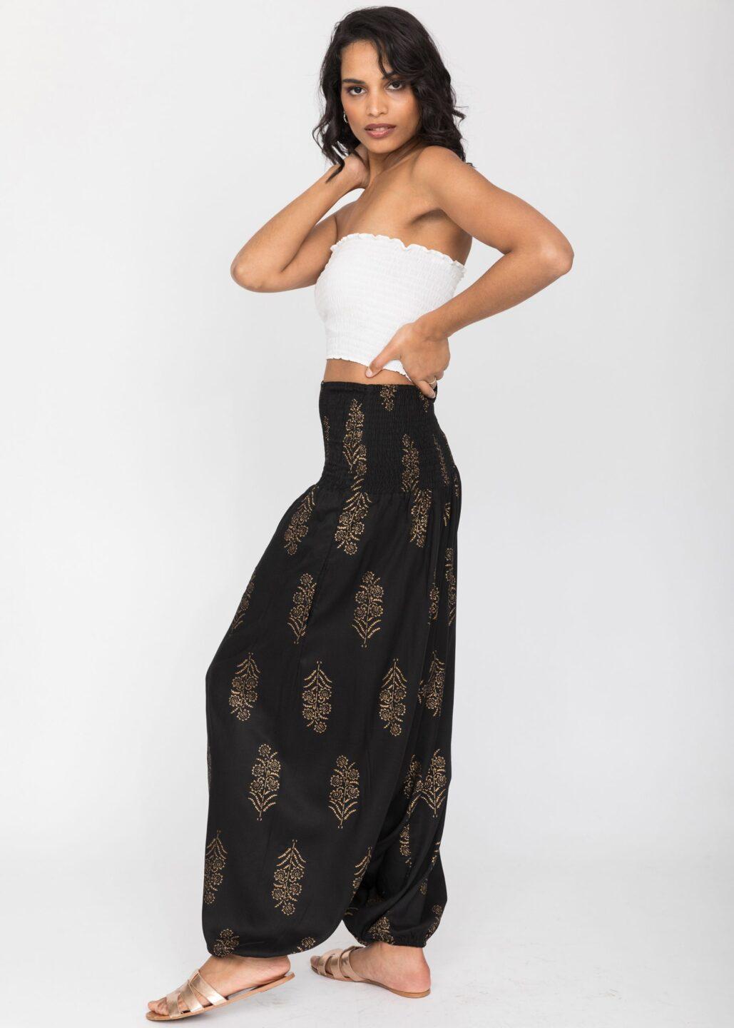 2 in 1 Harem Trousers and Bandeau Jumpsuit Black and Gold - likemary