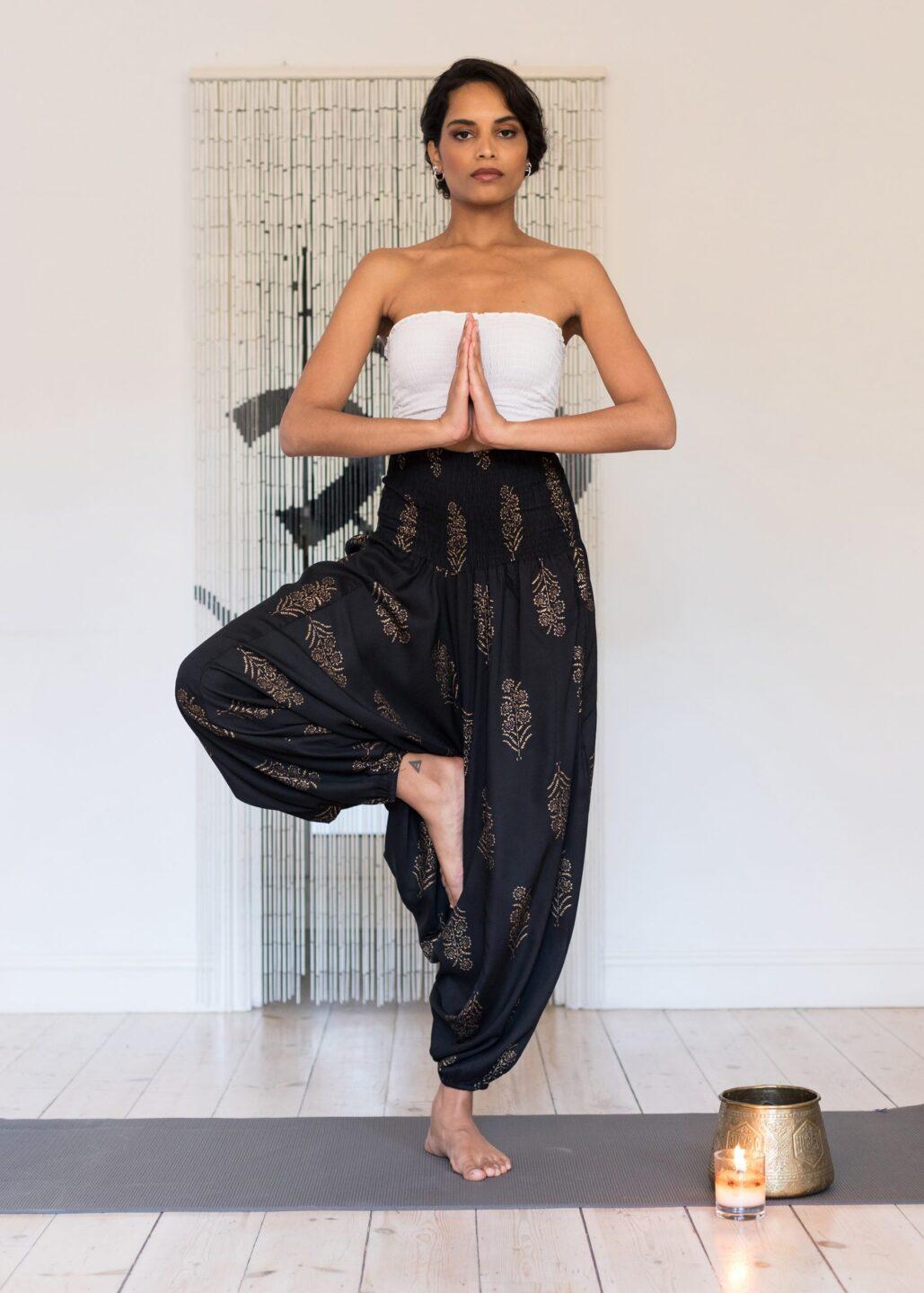 2 in 1 Harem Trousers and Bandeau Jumpsuit Black and Gold - likemary