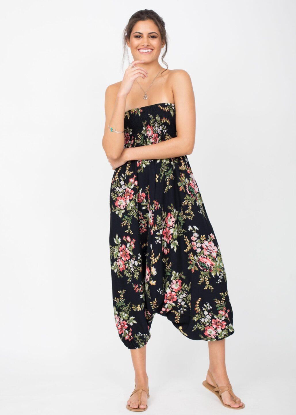2 in 1 Harem Trousers and Bandeau Jumpsuit Floral Bouquet - likemary