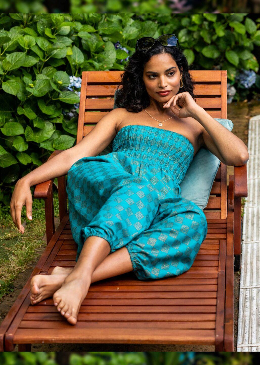 2 in 1 Harem Trousers and Bandeau Jumpsuit Turquoise and Gold Applique - likemary