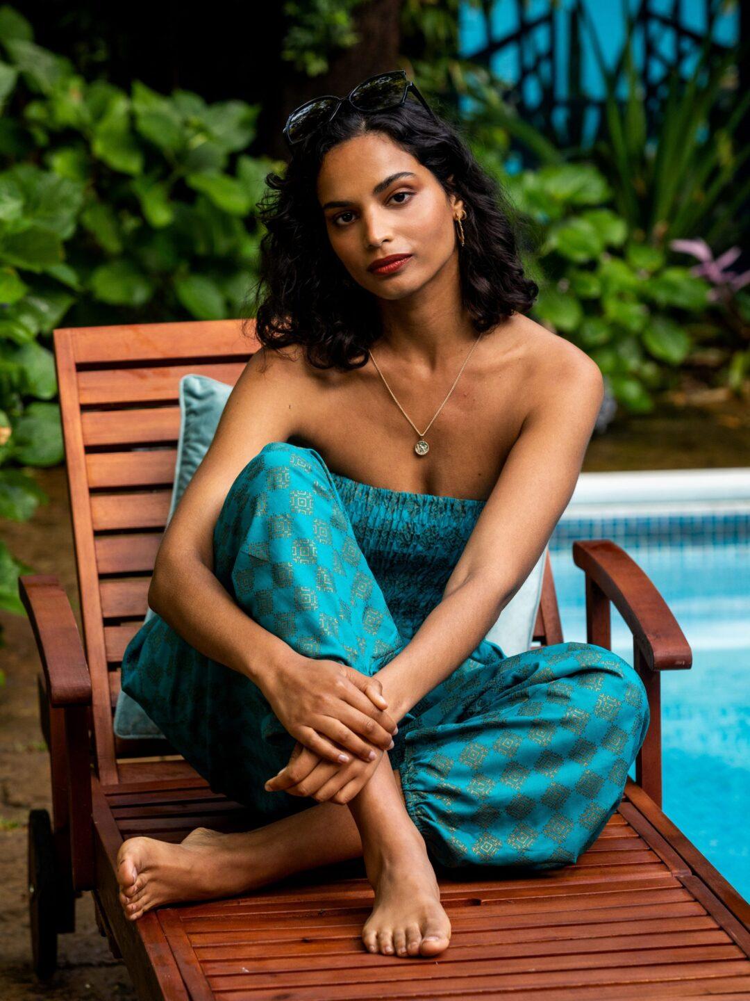 2 in 1 Harem Trousers and Bandeau Jumpsuit Turquoise and Gold Applique - likemary