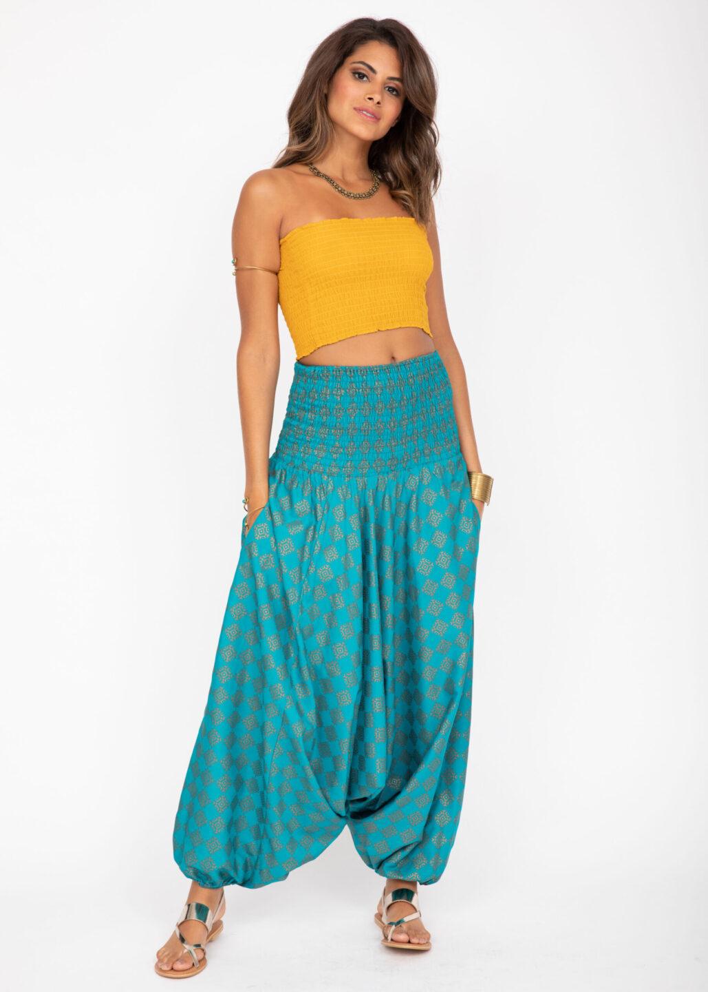 2 in 1 Harem Trousers and Bandeau Jumpsuit Turquoise and Gold Applique - likemary