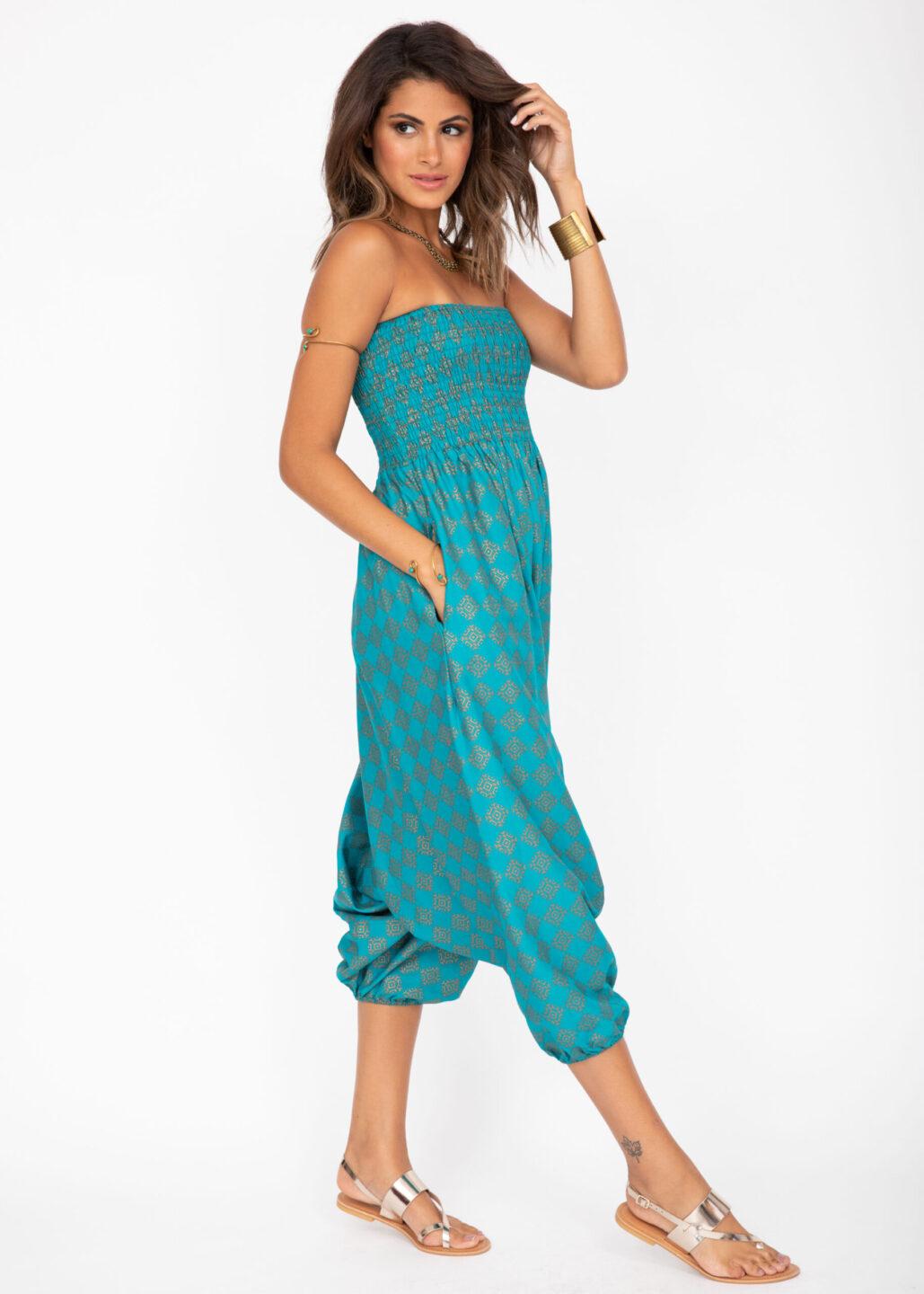 2 in 1 Harem Trousers and Bandeau Jumpsuit Turquoise and Gold Applique - likemary