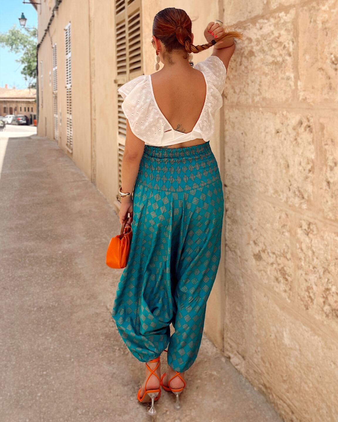 2 in 1 Harem Trousers and Bandeau Jumpsuit Turquoise and Gold Applique - likemary