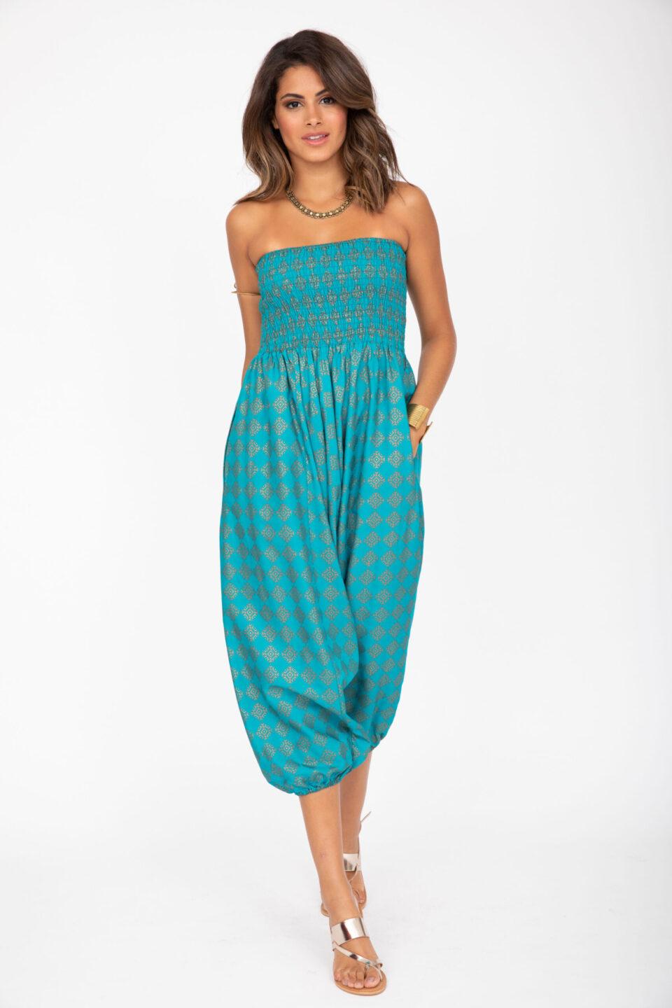 2 in 1 Harem Trousers and Bandeau Jumpsuit Turquoise and Gold Applique - likemary