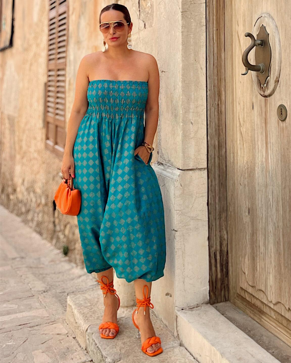 2 in 1 Harem Trousers and Bandeau Jumpsuit Turquoise and Gold Applique - likemary