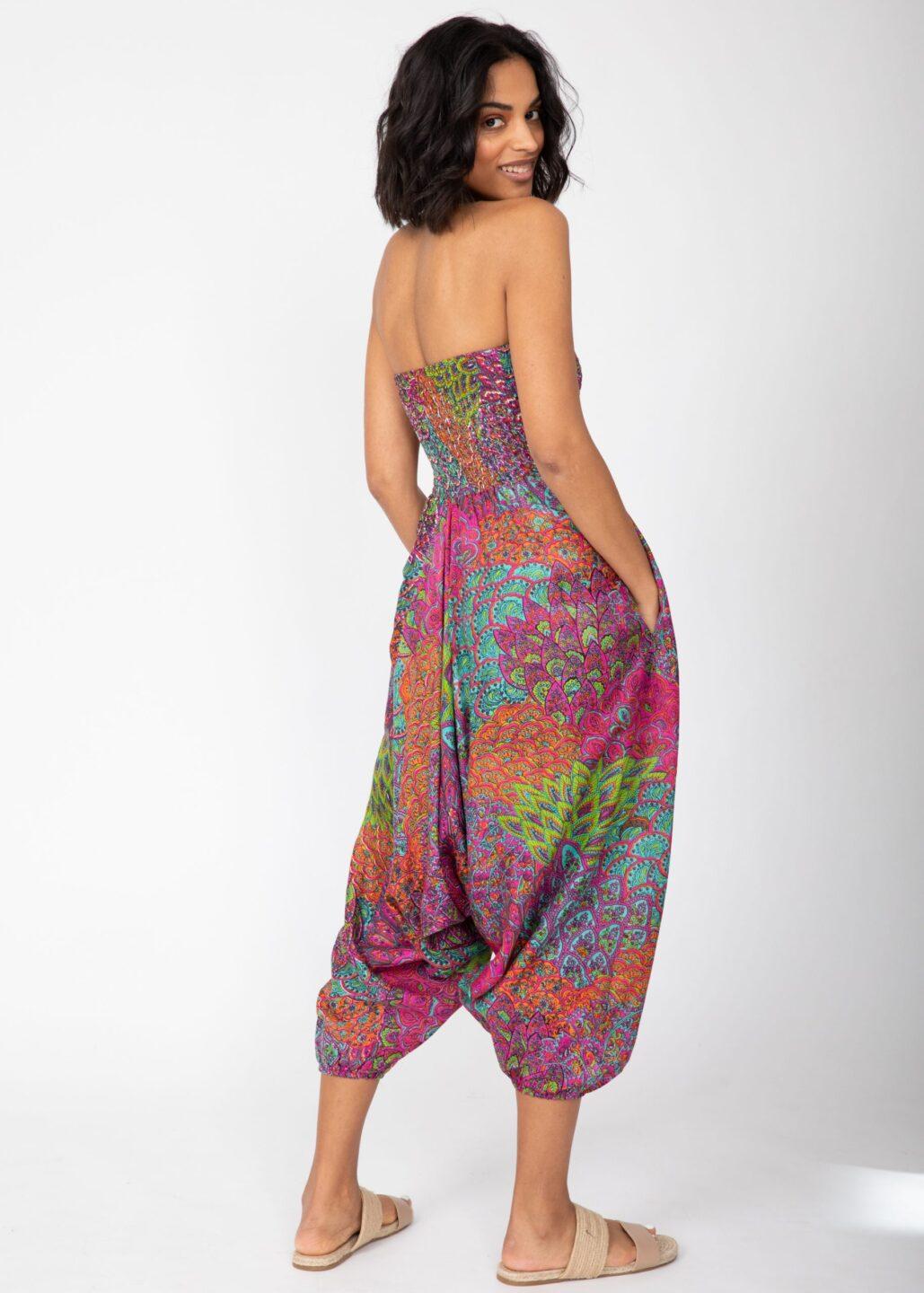 2 - in - 1 Harem Trousers & Bandeau Jumpsuit in Blue & Pink Peacock - likemary