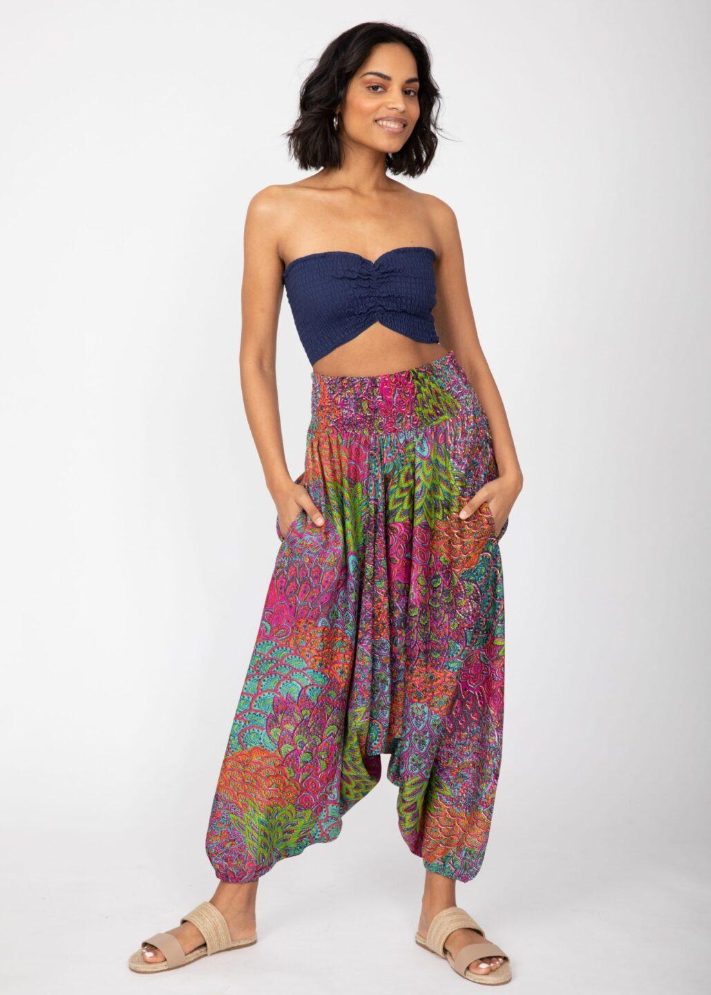 2 - in - 1 Harem Trousers & Bandeau Jumpsuit in Blue & Pink Peacock - likemary