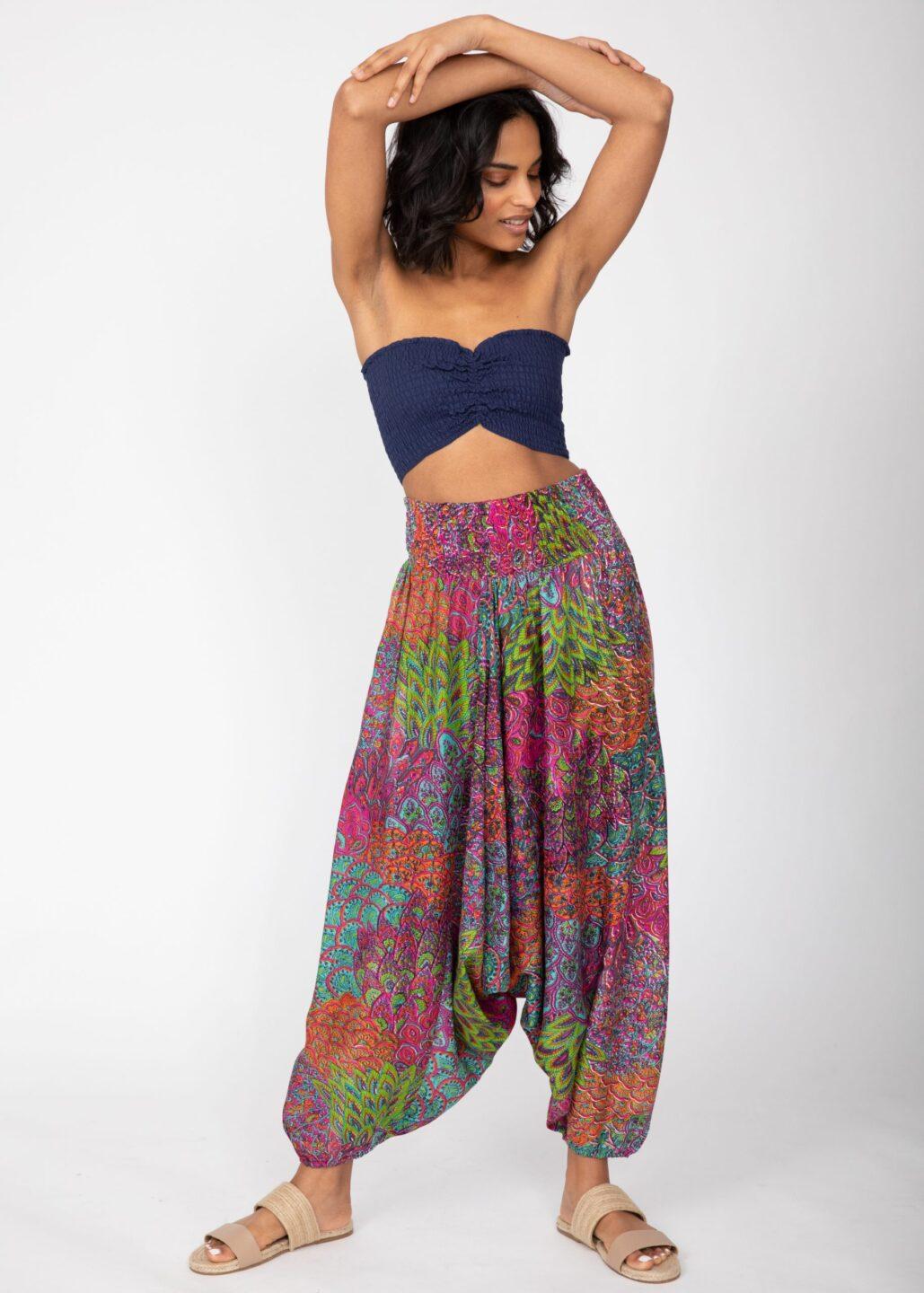 2 - in - 1 Harem Trousers & Bandeau Jumpsuit in Blue & Pink Peacock - likemary