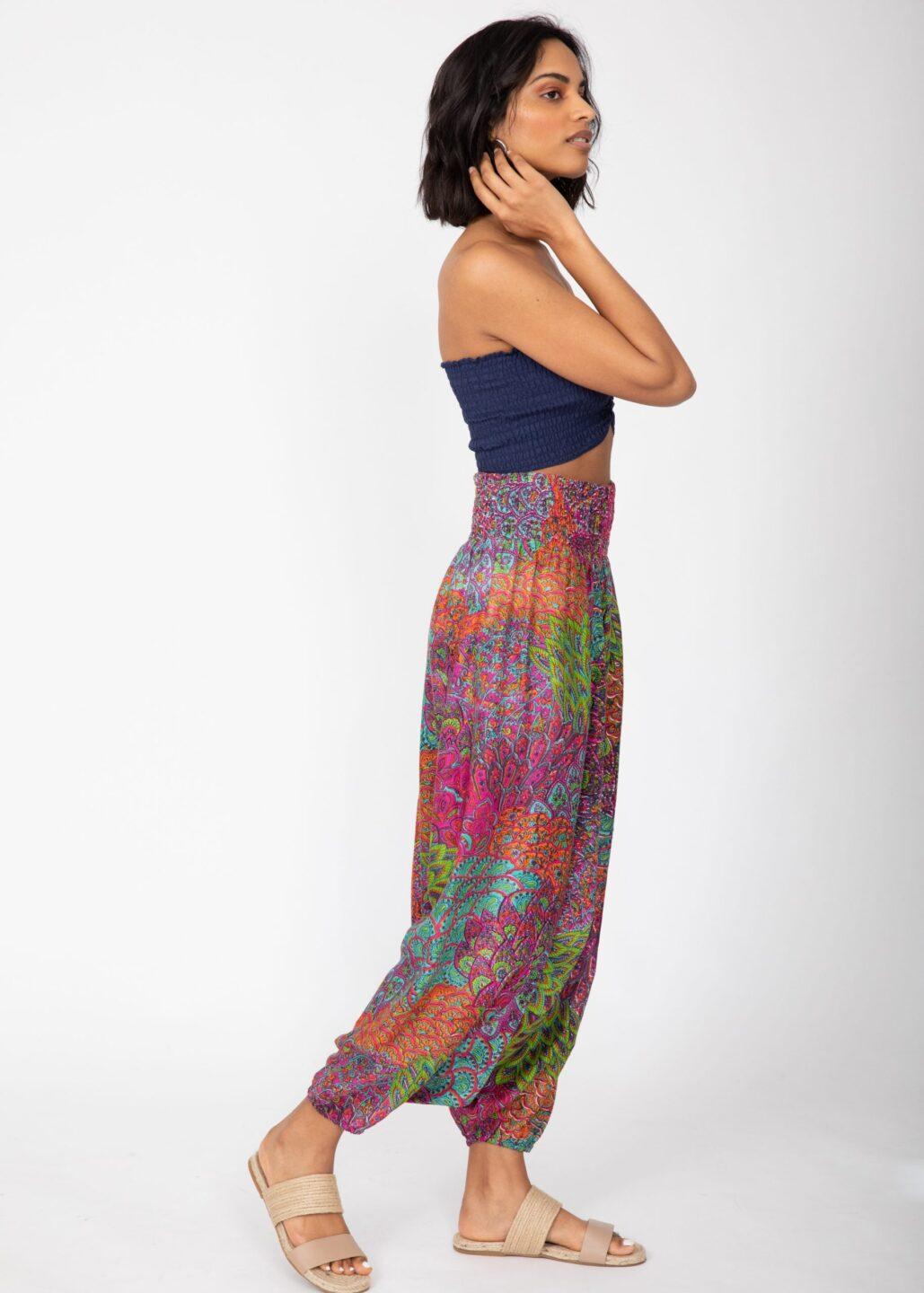 2 - in - 1 Harem Trousers & Bandeau Jumpsuit in Blue & Pink Peacock - likemary