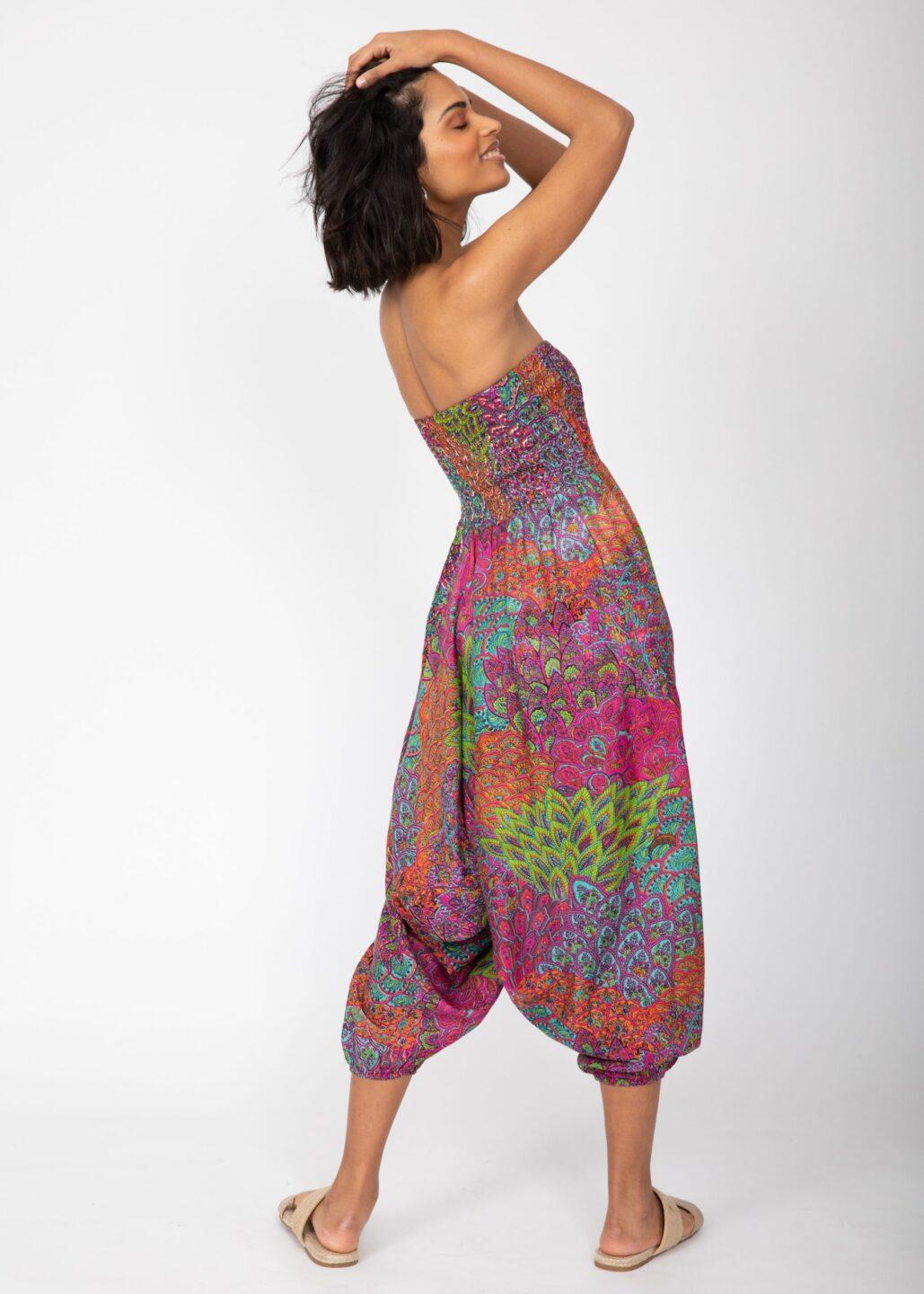 2 - in - 1 Harem Trousers & Bandeau Jumpsuit in Blue & Pink Peacock - likemary