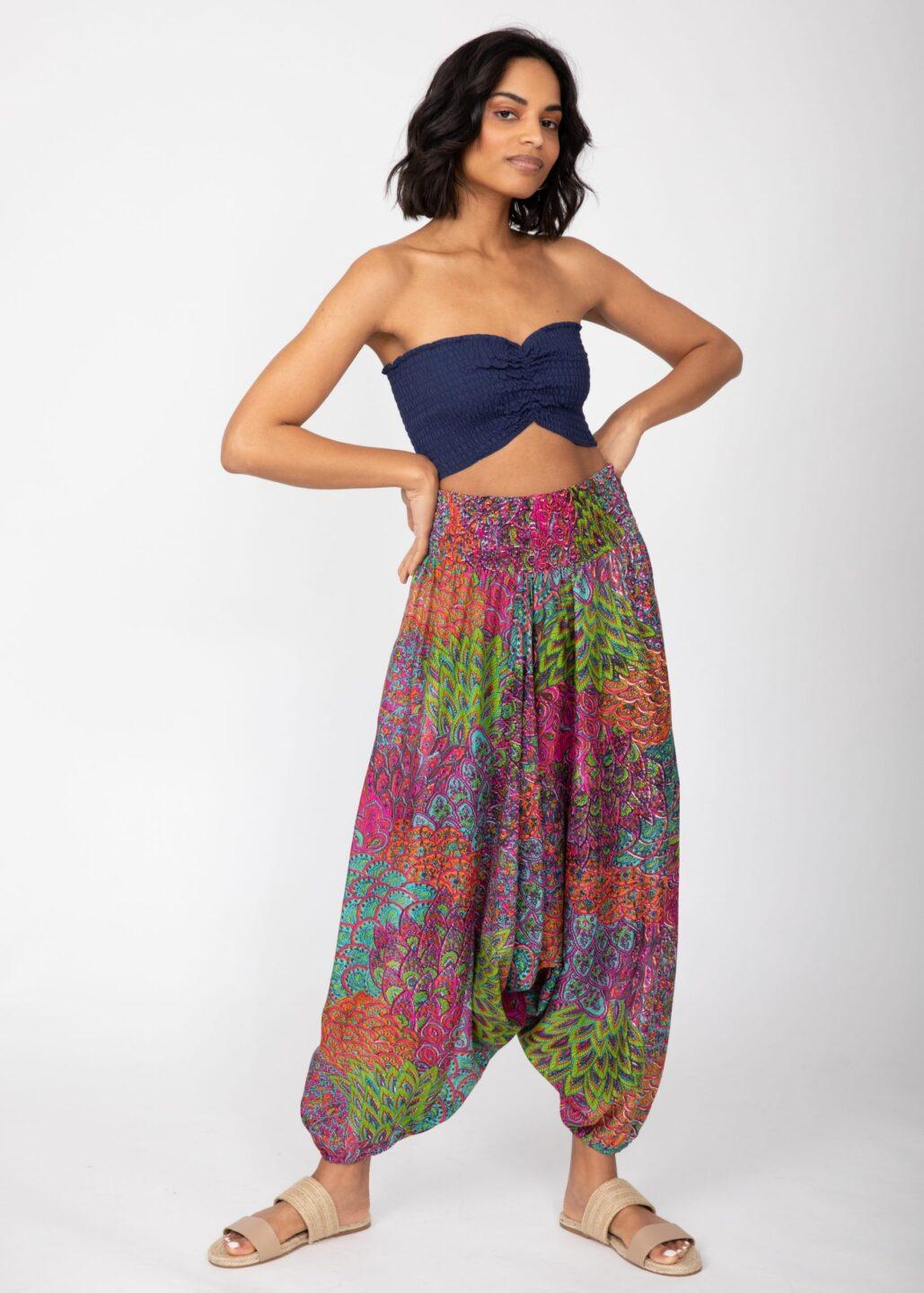 2 - in - 1 Harem Trousers & Bandeau Jumpsuit in Blue & Pink Peacock - likemary