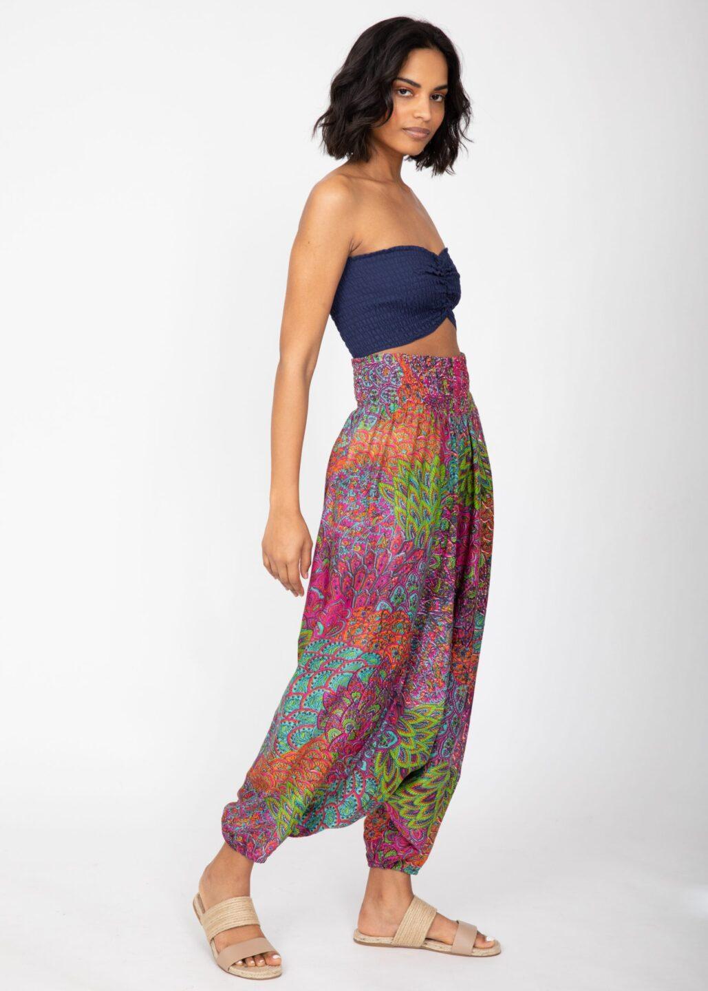 2 - in - 1 Harem Trousers & Bandeau Jumpsuit in Blue & Pink Peacock - likemary