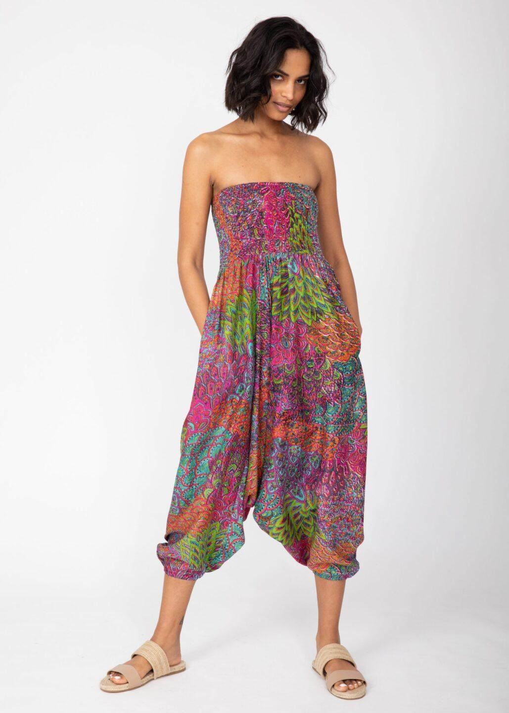 2 - in - 1 Harem Trousers & Bandeau Jumpsuit in Blue & Pink Peacock - likemary