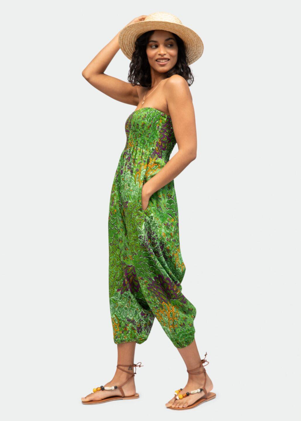 2 in 1 Harem Trousers/Bandeau Jumpsuit in Green Peacock Print - likemary