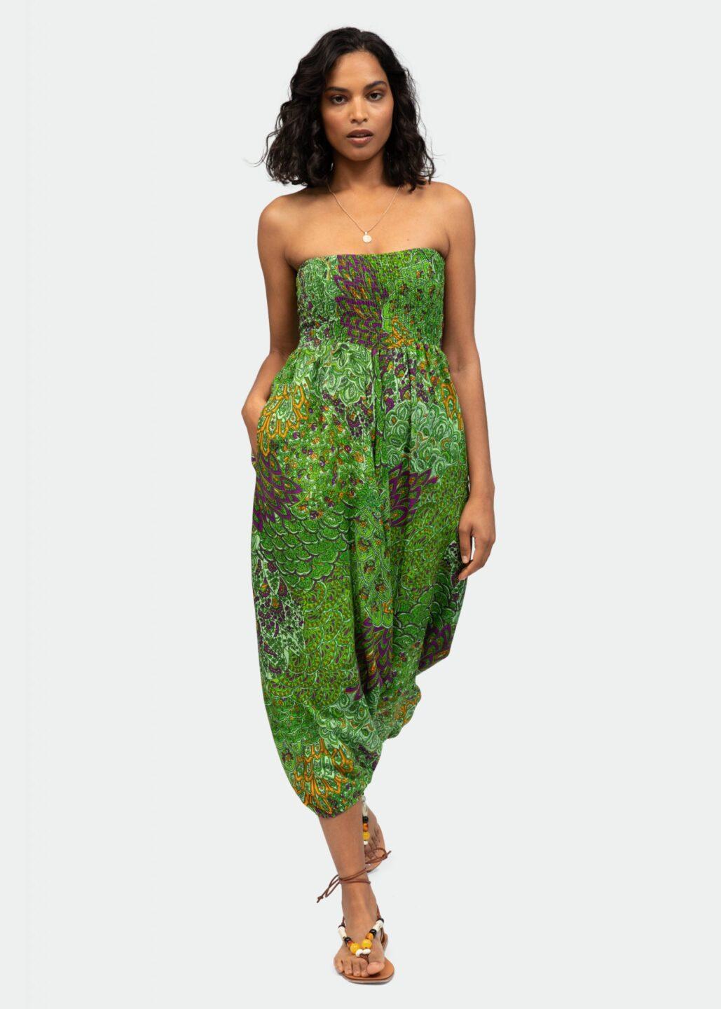 2 in 1 Harem Trousers/Bandeau Jumpsuit in Green Peacock Print - likemary
