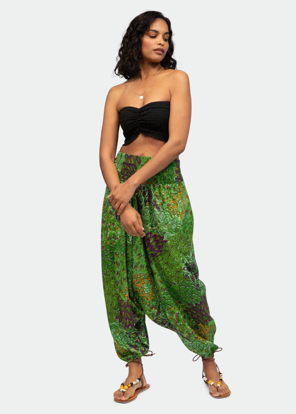 2 in 1 Harem Trousers/Bandeau Jumpsuit in Green Peacock Print - likemary