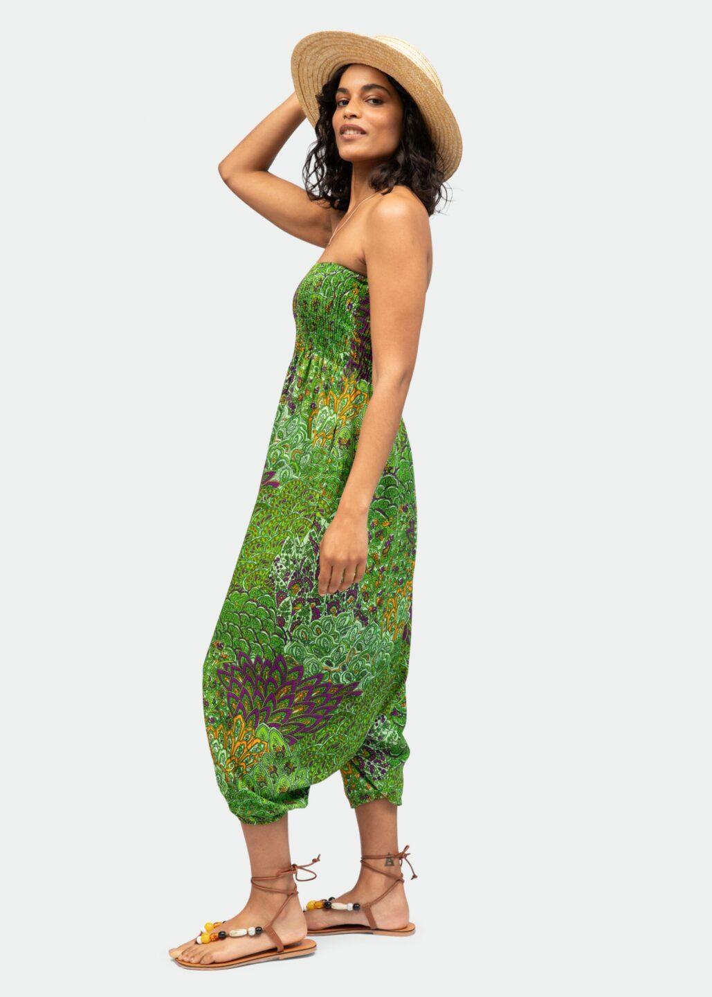 2 in 1 Harem Trousers/Bandeau Jumpsuit in Green Peacock Print - likemary