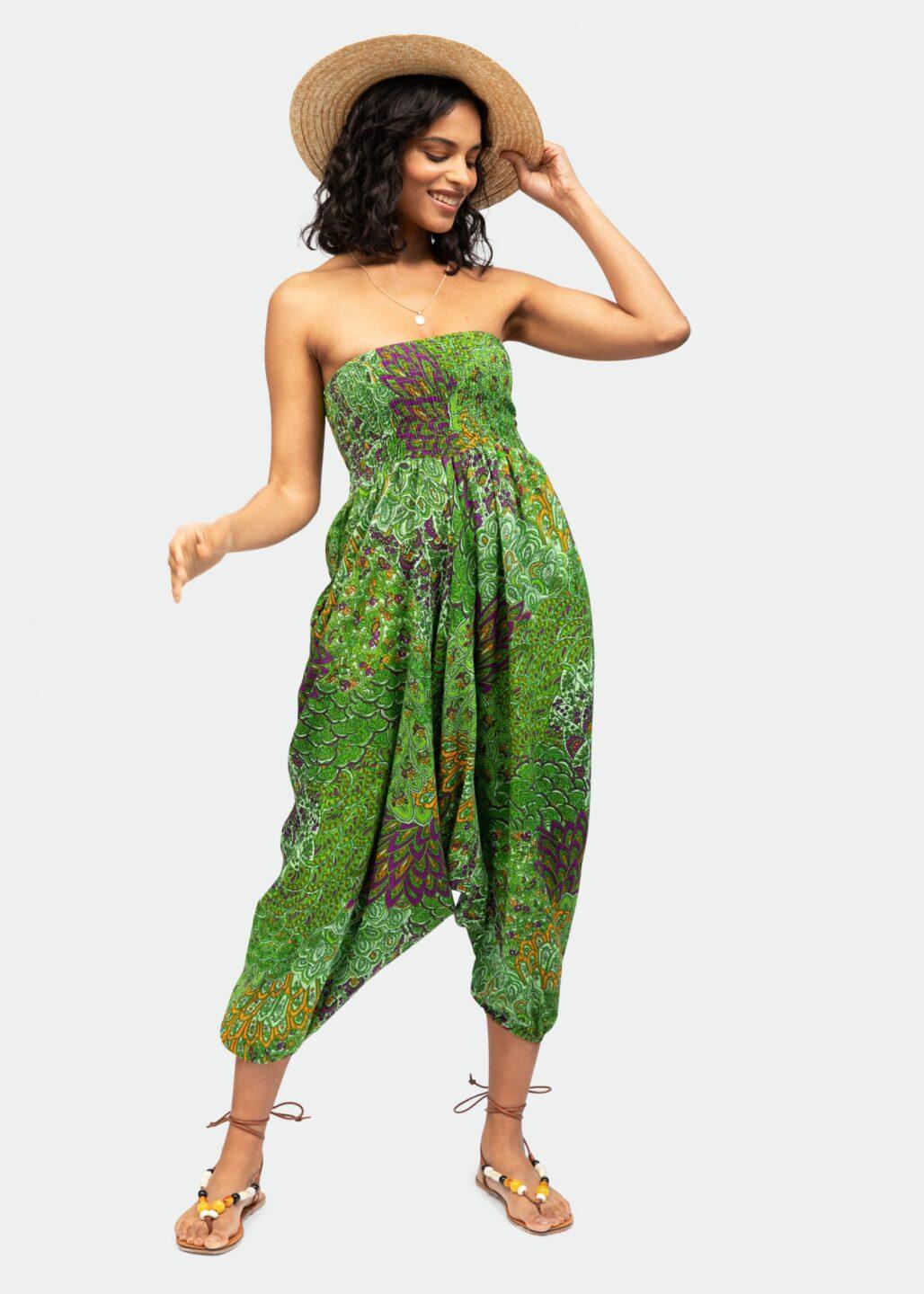 2 in 1 Harem Trousers/Bandeau Jumpsuit in Green Peacock Print - likemary