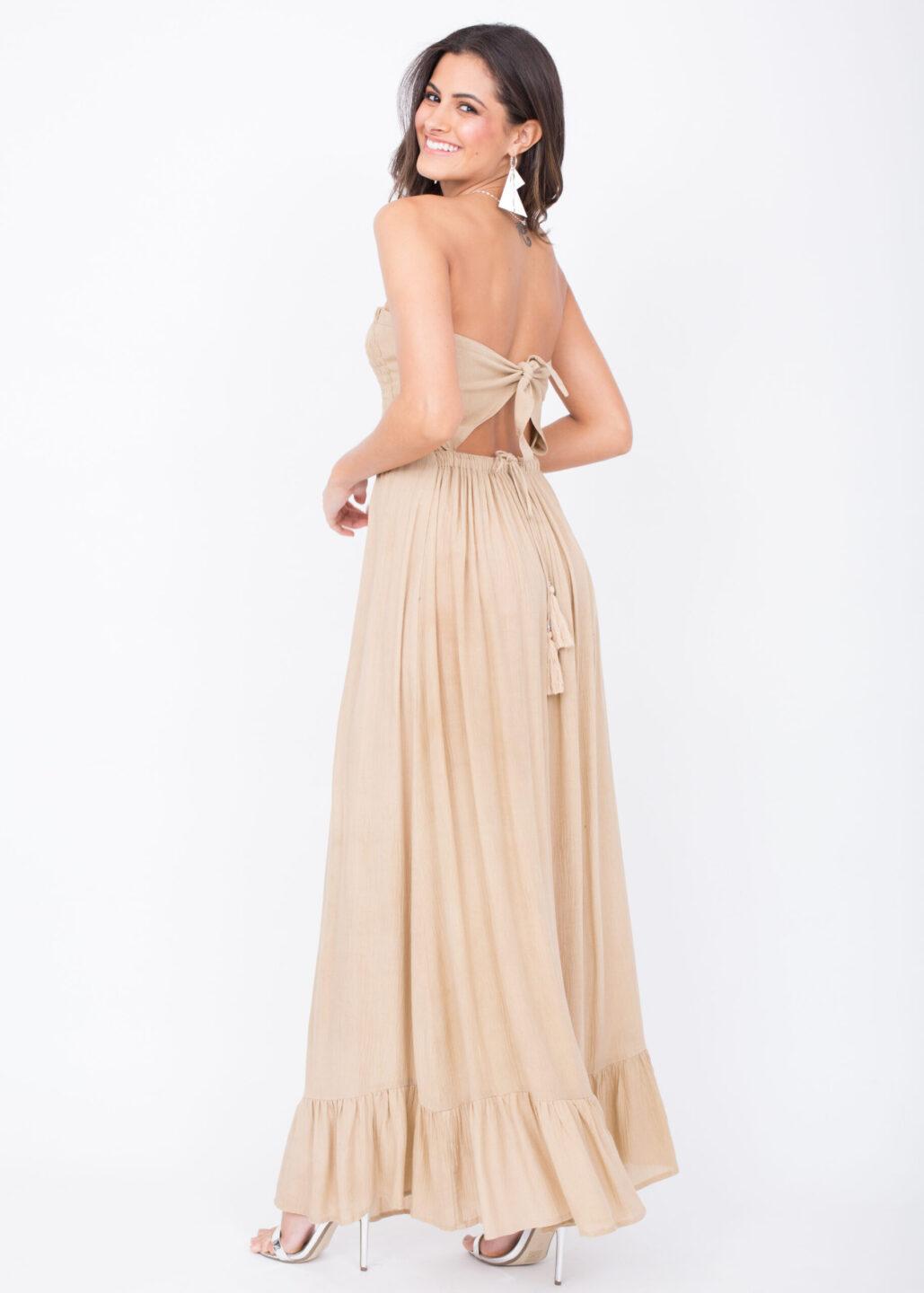 Bandeau Maxi Dress – Biscuit Beige with Adjustable Tie Back - likemary