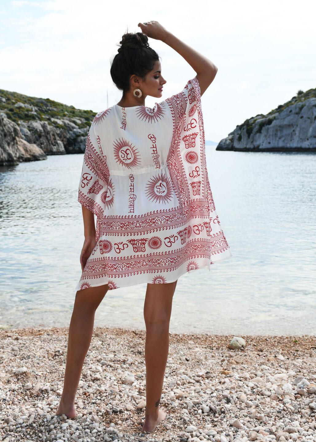 Beach Cover Up Kaftan in Om Print White - likemary