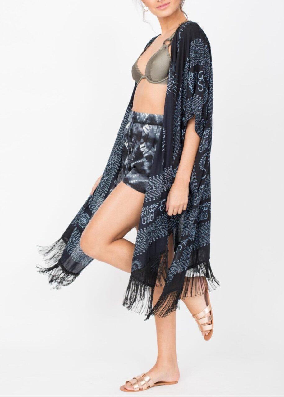 Beach Kimono Cover Up in Om Print Black - likemary