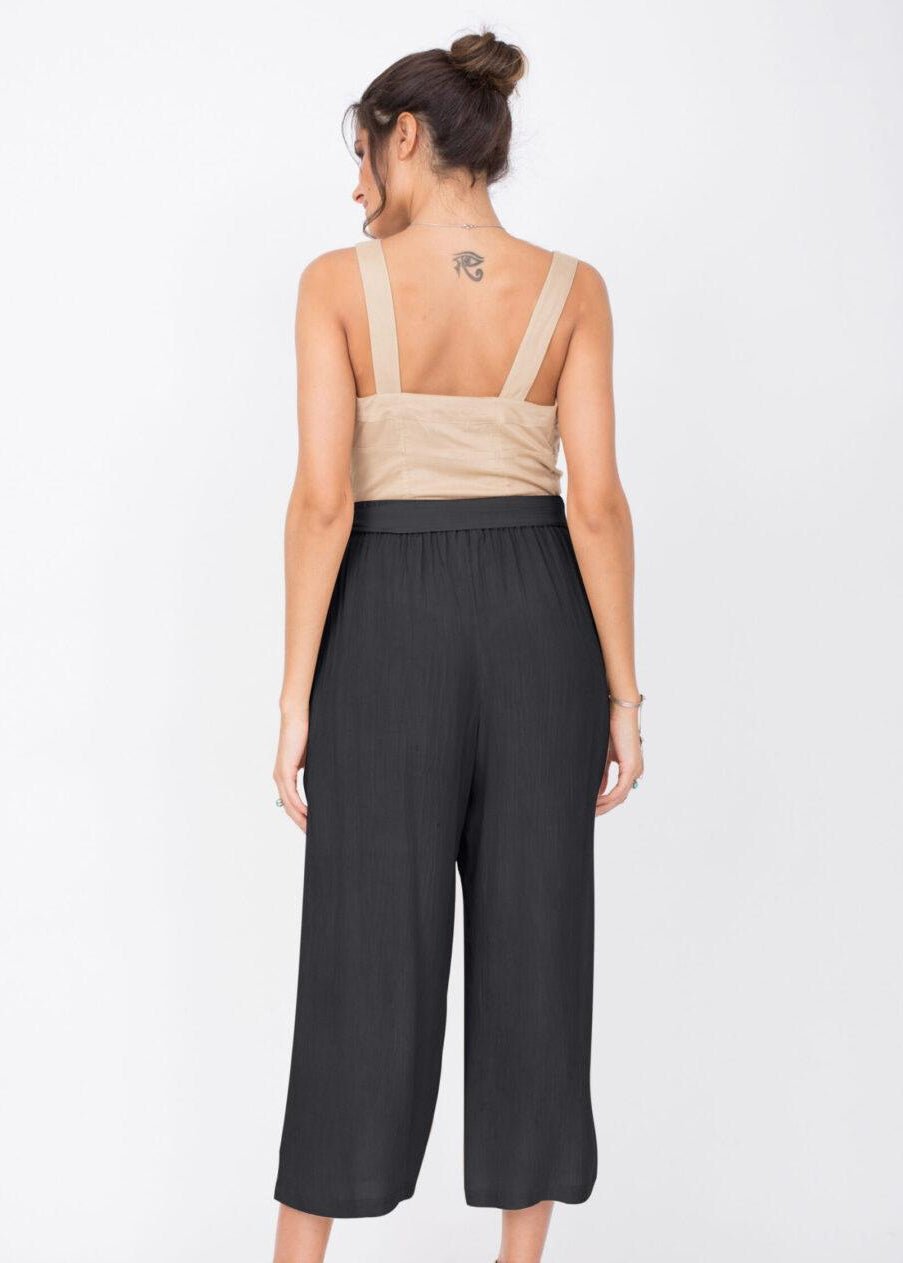 Black Cropped Elastic Waist Summer Trousers - likemary
