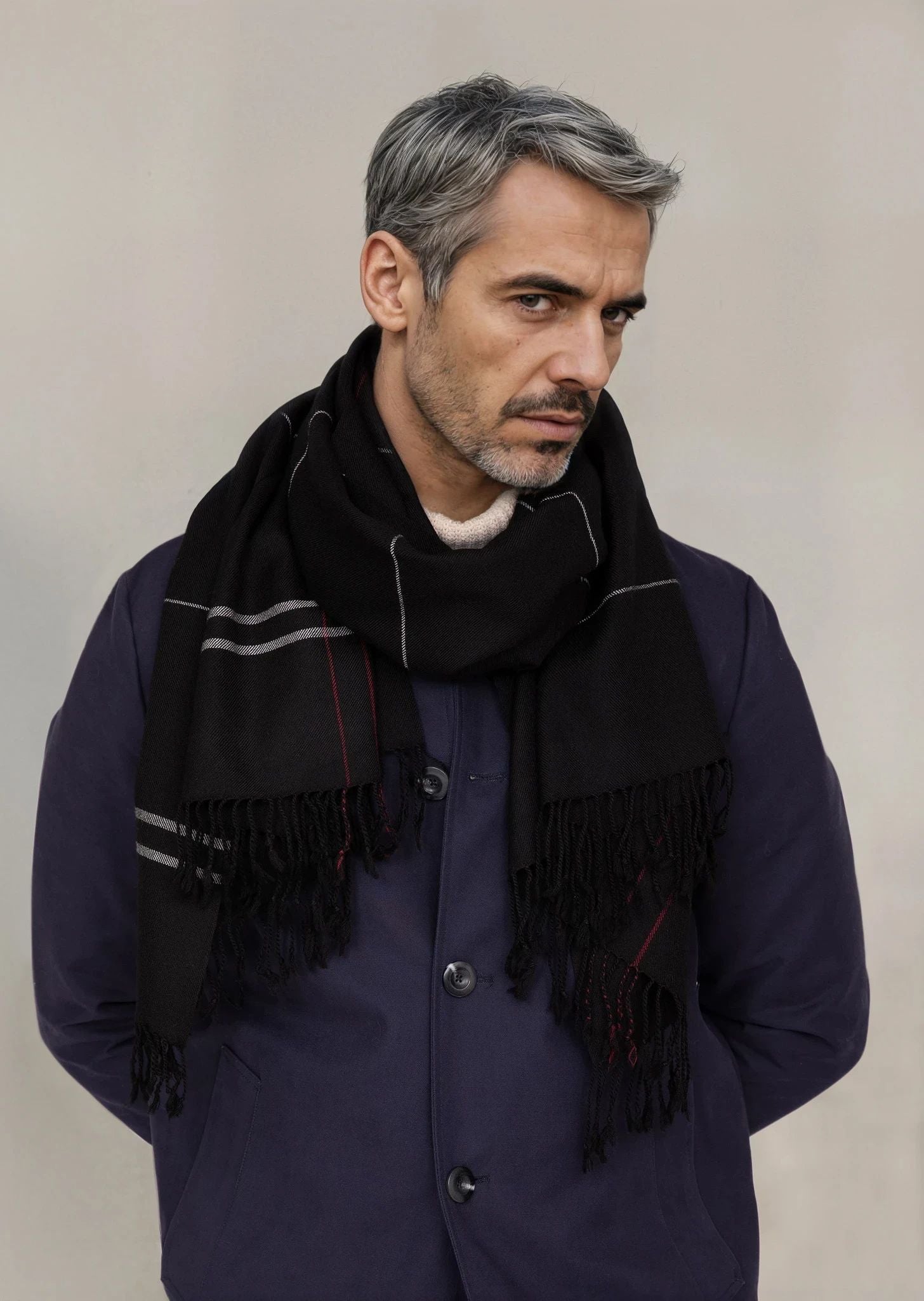 Black Merino Wool Scarf for Men - Handwoven - likemary