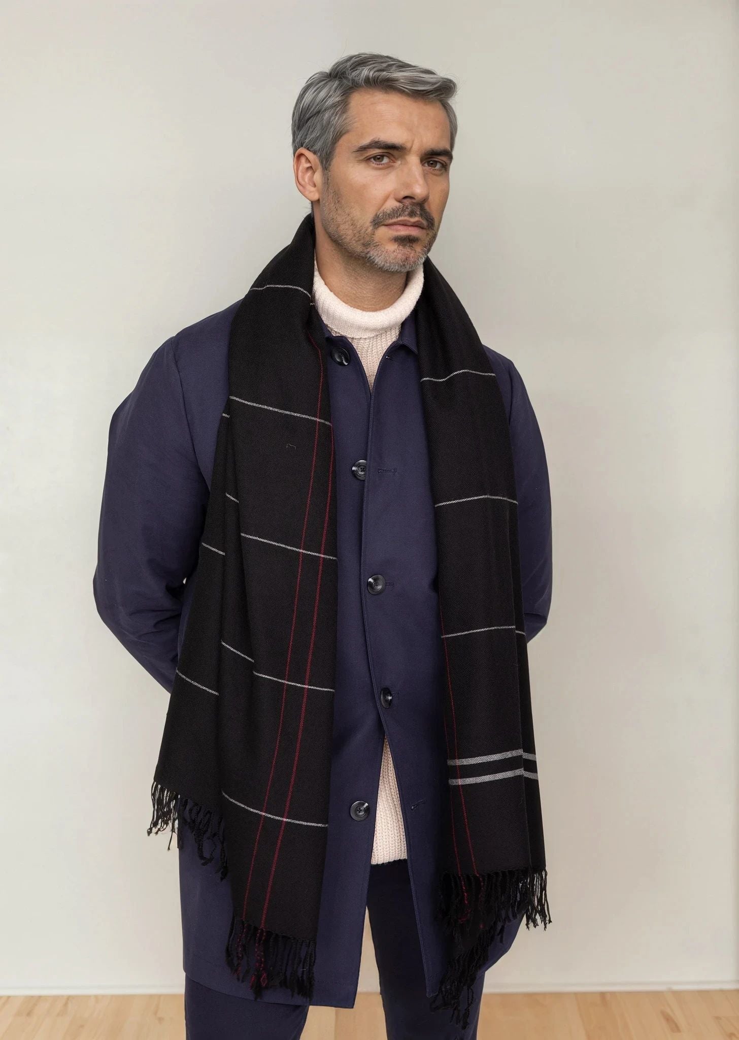Black Merino Wool Scarf for Men - Handwoven - likemary