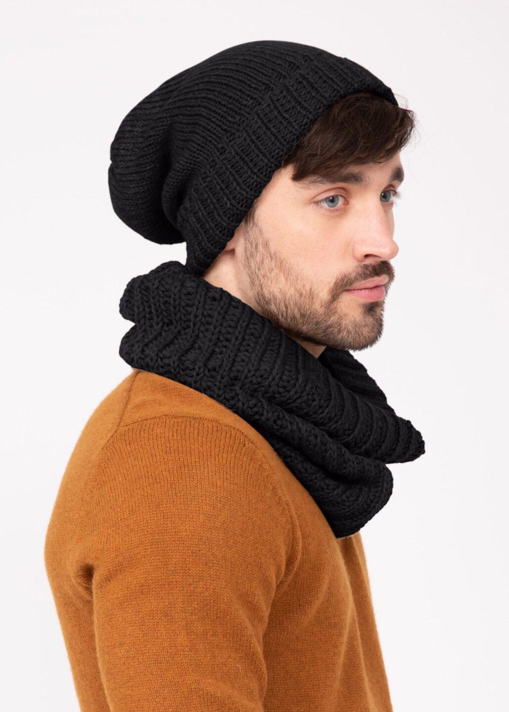 Black Merino Wool Slouchy Beanie Men - Ethically Handmade - likemary