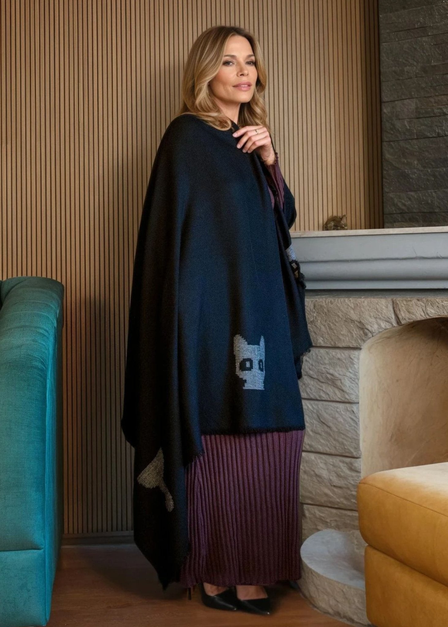 Black Shawl Wrap - Wool Blanket Scarf with Cat Motif - likemary