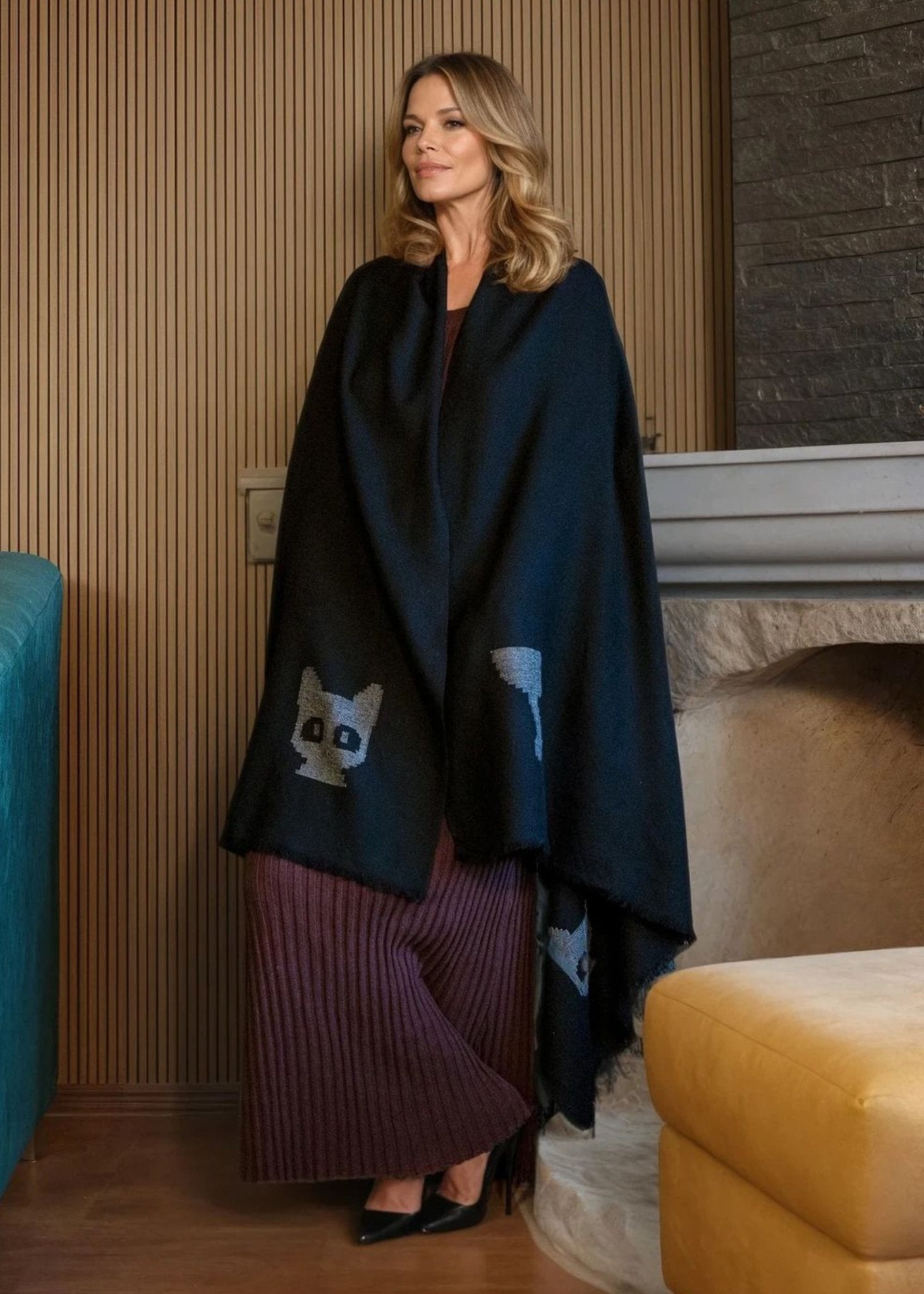 Black Shawl Wrap - Wool Blanket Scarf with Cat Motif - likemary