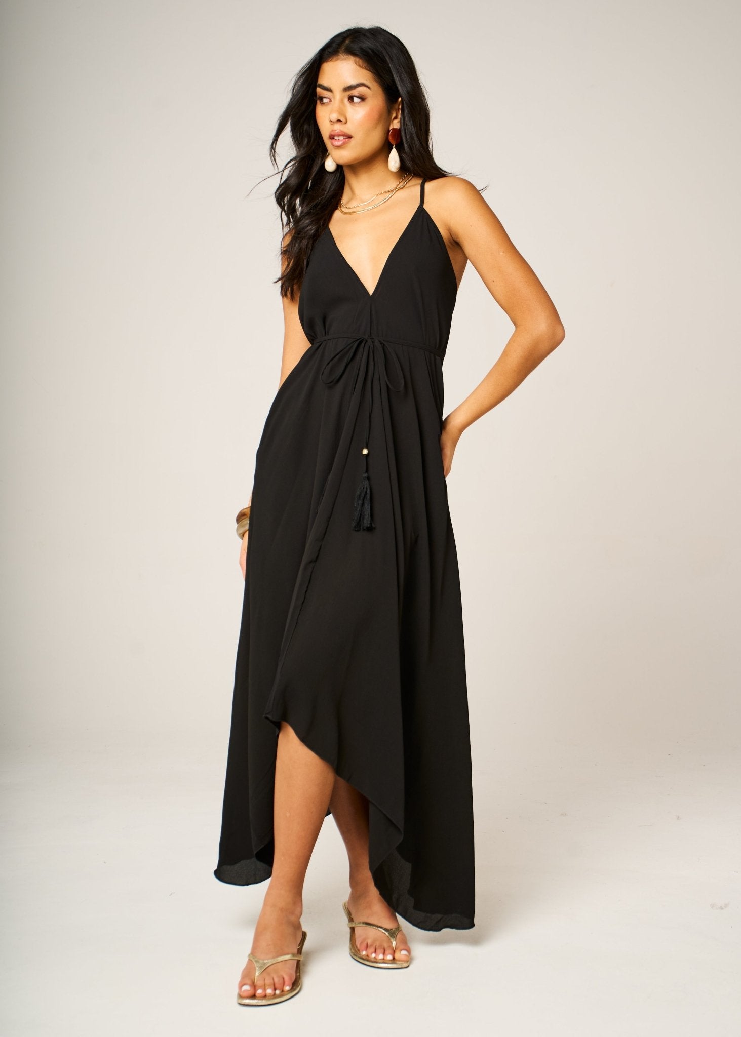Black Summer Maxi Dress with Open Back & Pockets - likemary