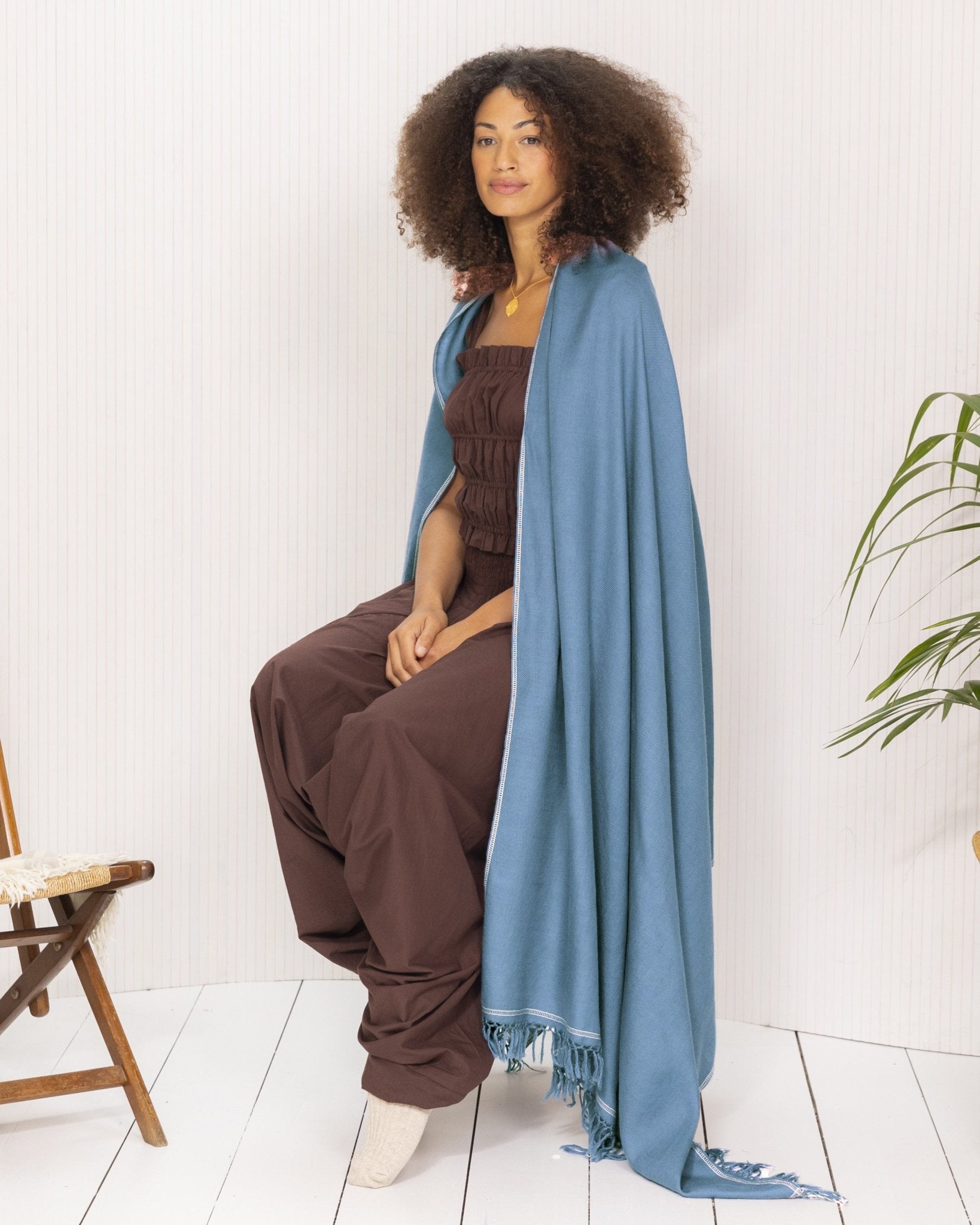 Blue Wool Shawl – Oversized Handwoven Blanket Scarf - likemary