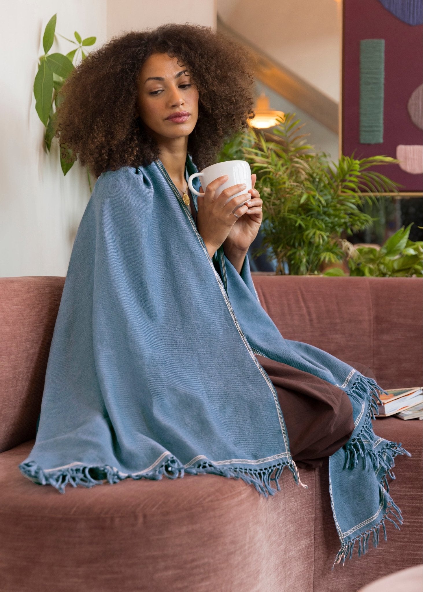 Blue Wool Shawl – Oversized Handwoven Blanket Scarf - likemary