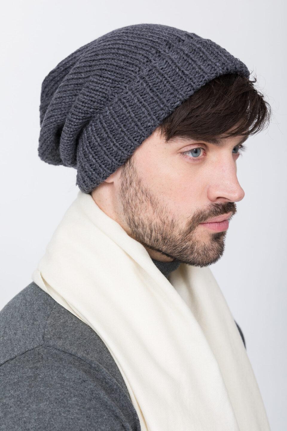Charcoal Grey Merino Slouchy Beanie Men Ethically Handmade