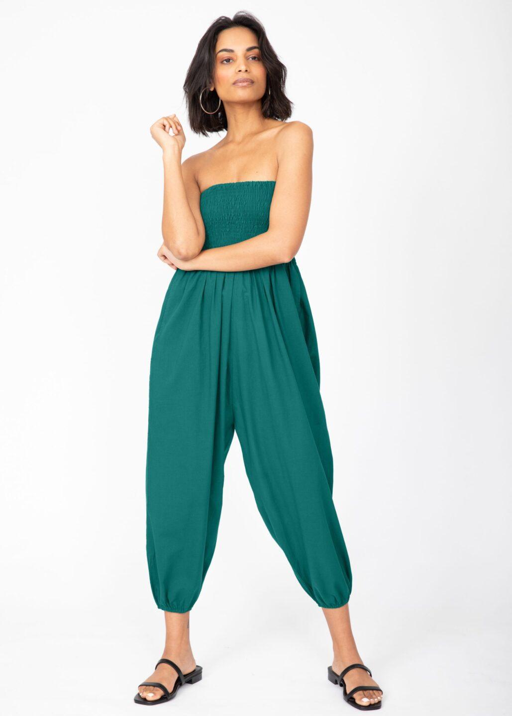 Convertible Cotton 2 - in - 1 Jumpsuit & Harem Pants – Capri Length Emerald Green - likemary