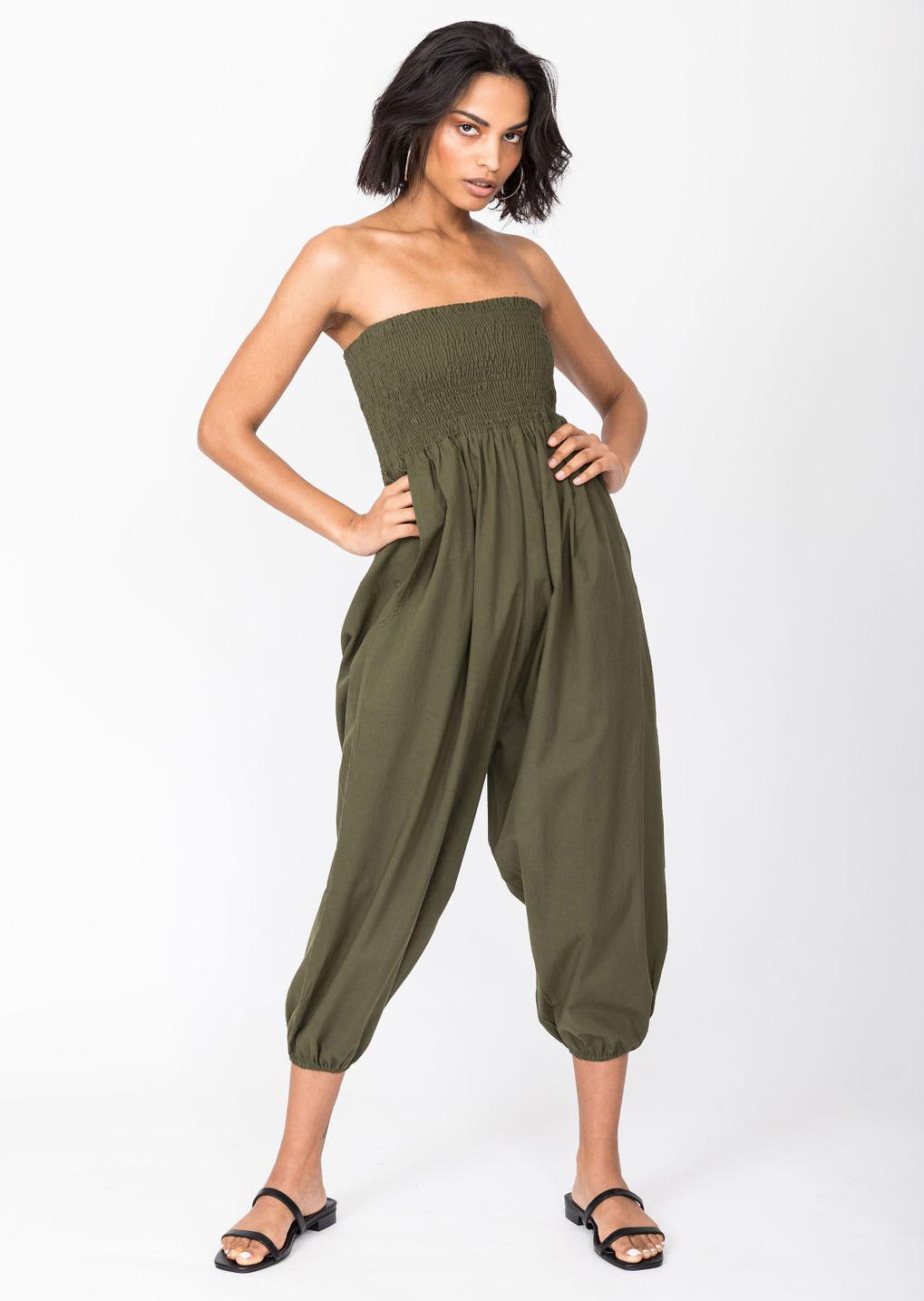 Convertible Cotton 2 - in - 1 Jumpsuit & Harem Pants – Capri Length Khaki Green - likemary