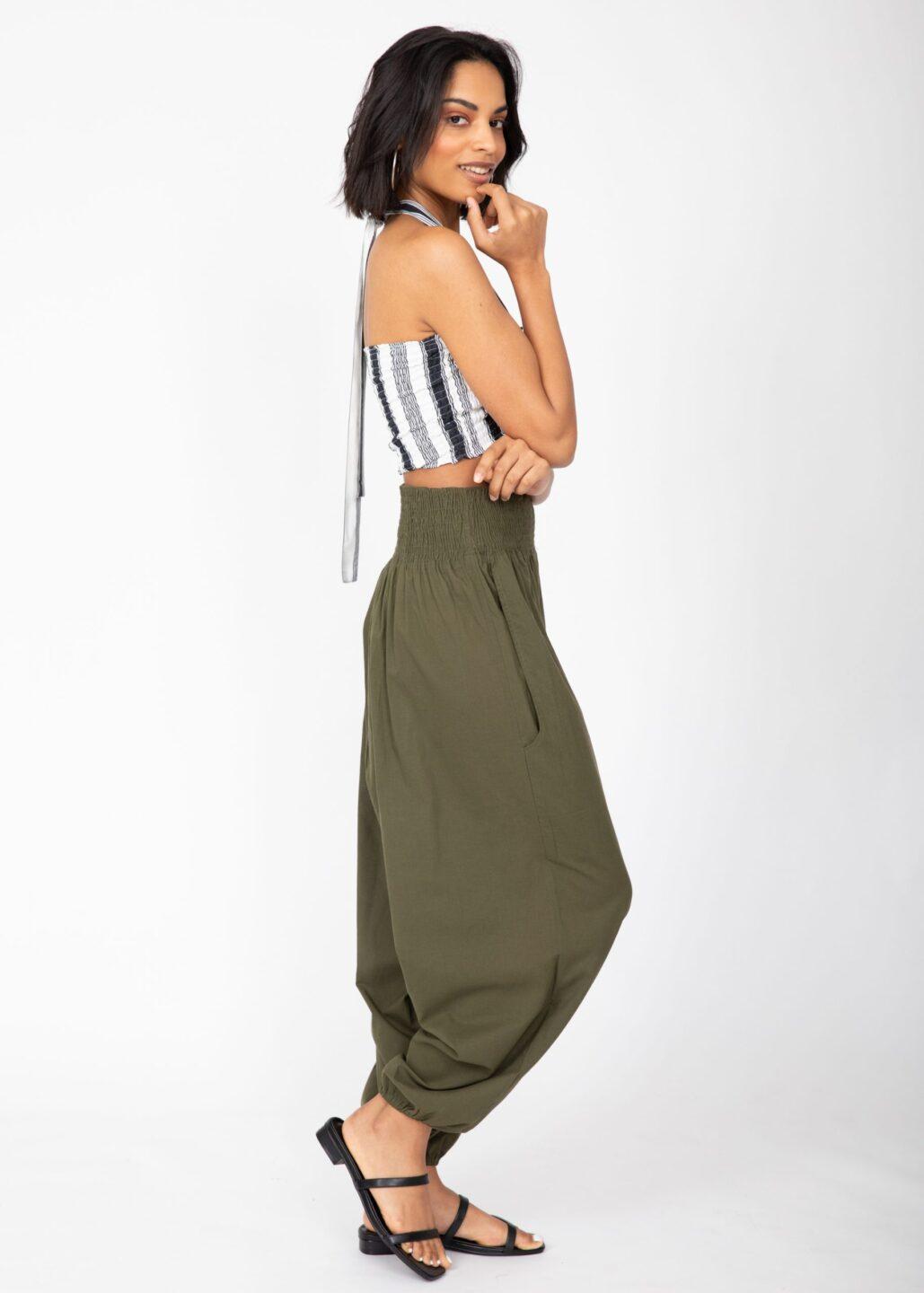 Convertible Cotton 2 - in - 1 Jumpsuit & Harem Pants – Capri Length Khaki Green - likemary